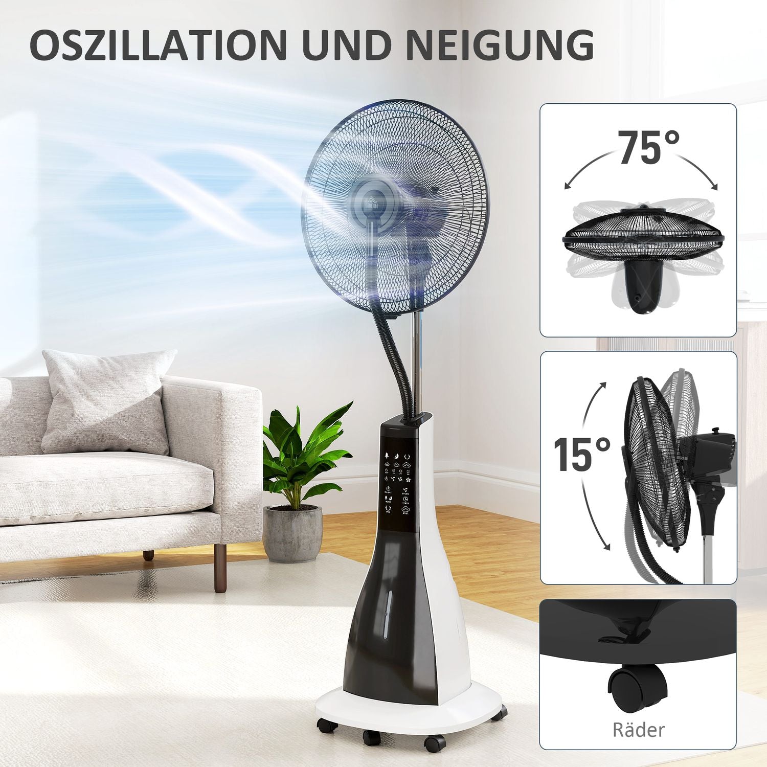 Chladicí ventilátor s mlžením, dálkovým ovládáním a nádrží 3 l, 90 W, 125 cm