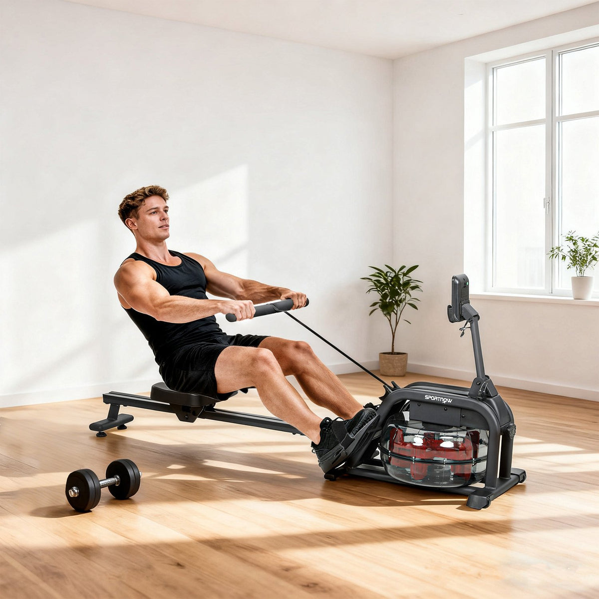 Veslovací trenažér s vodním odporem, nádrž 6-11L, LCD displej, nosnost 135kg