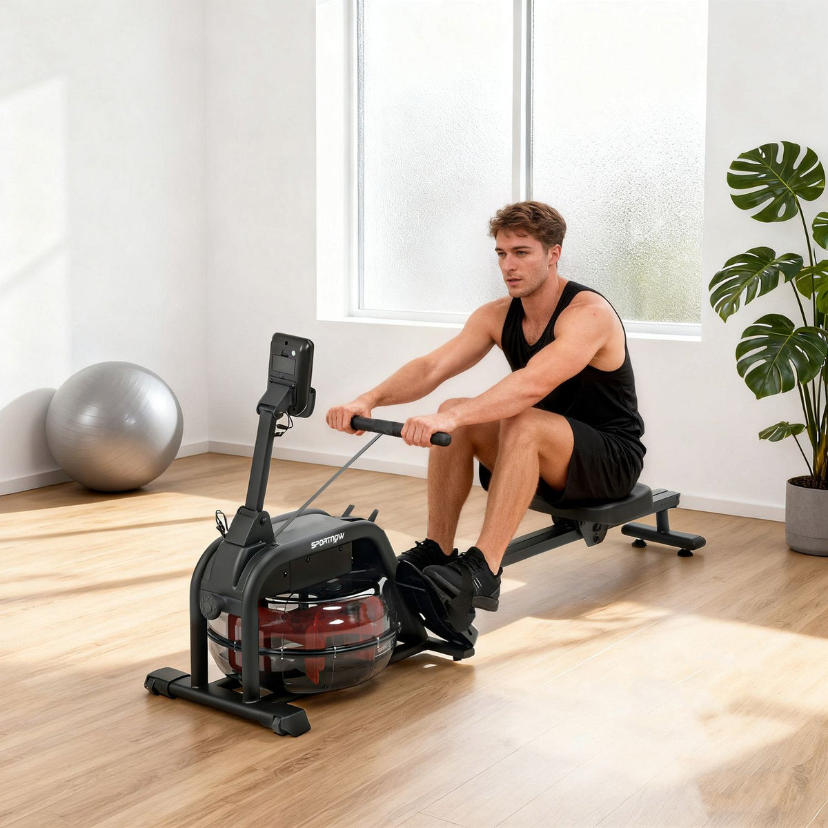 Veslovací trenažér s vodním odporem, nádrž 6-11L, LCD displej, nosnost 135kg