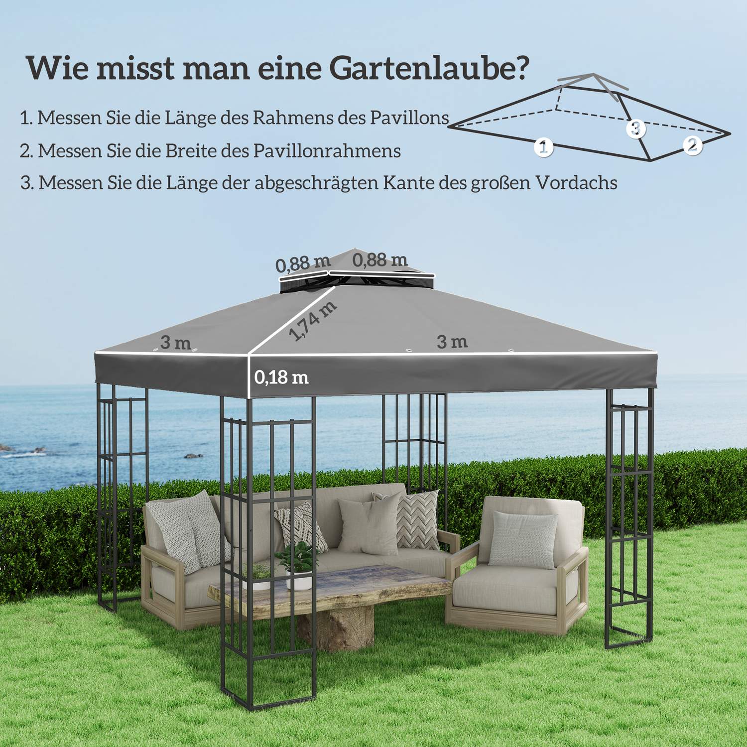 Vattentät 3x3m Gazebo takbyte - Oxford-tyg, mörkgrå