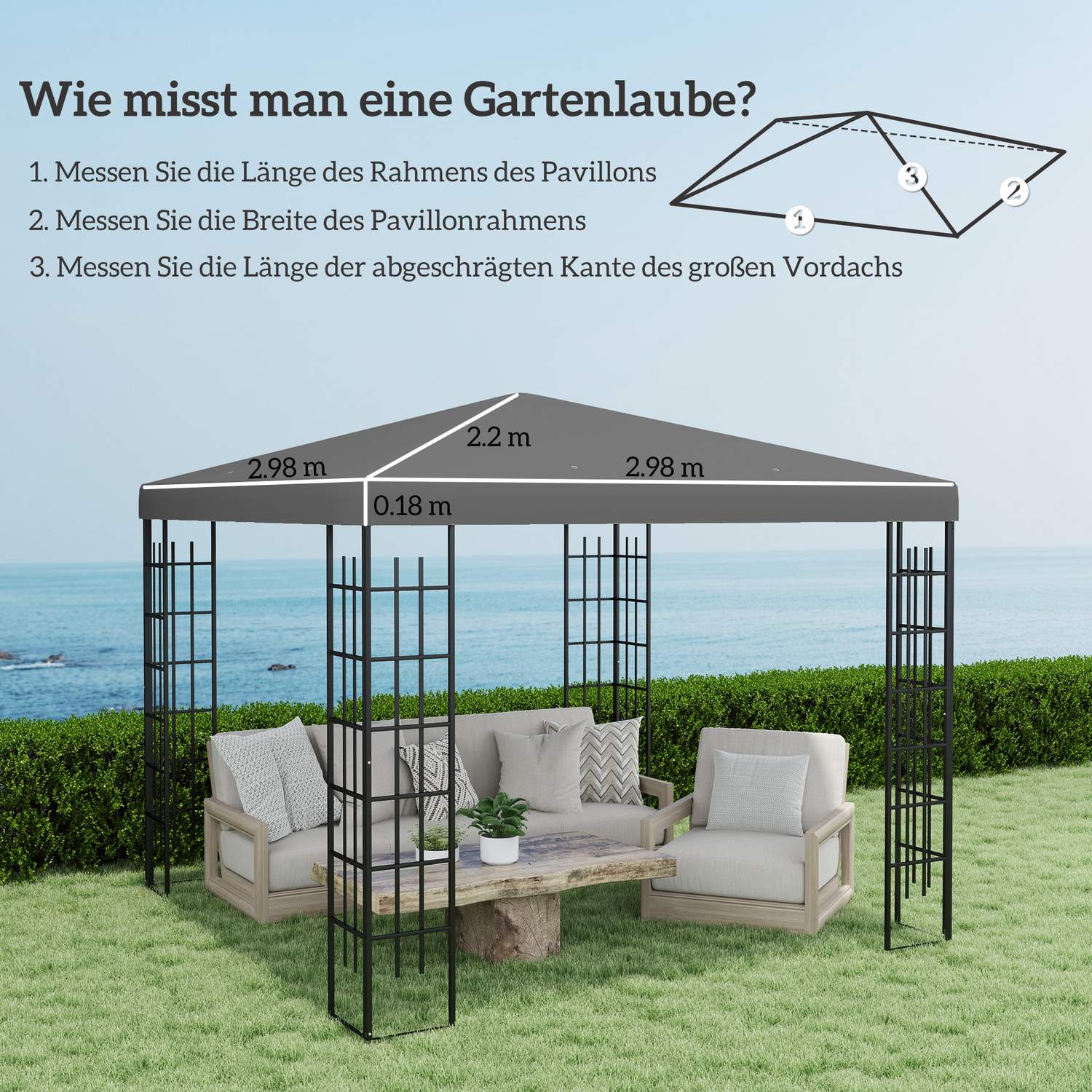 Vattentät Gazebo takskydd, 3x3m, mörkgrå, 370gsm
