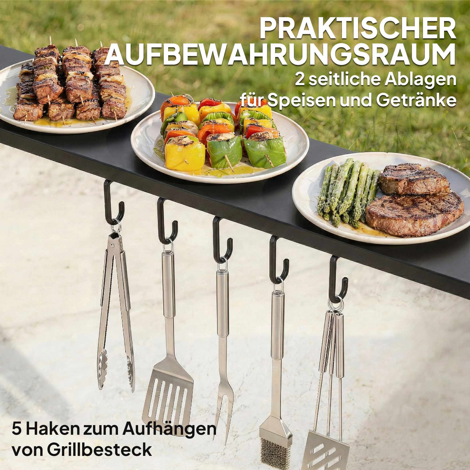 Vattentät grillpaviljong med stålram och hyllor
