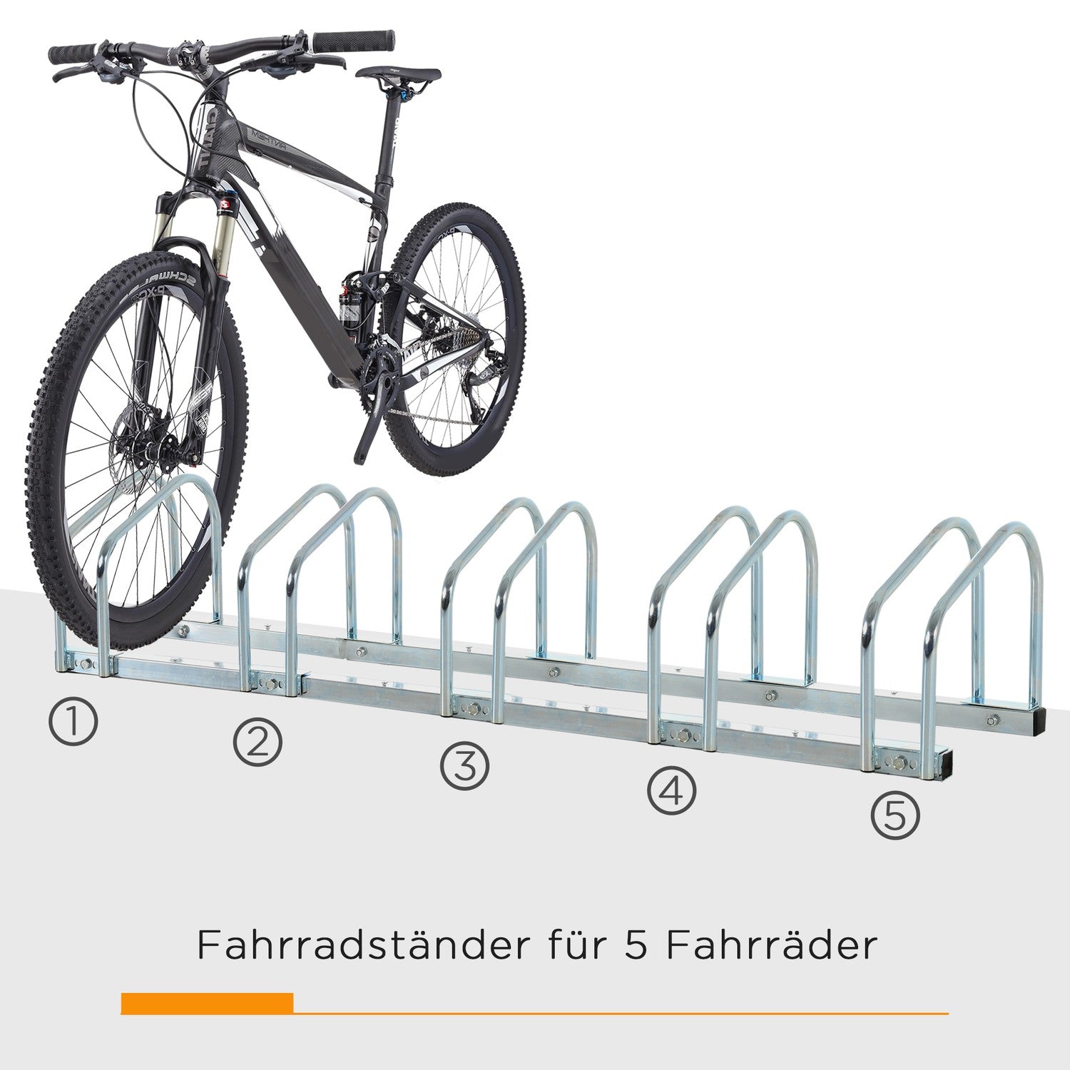 Väderbeständigt cykelställ i stål, golv- och väggfäste, rymmer 5