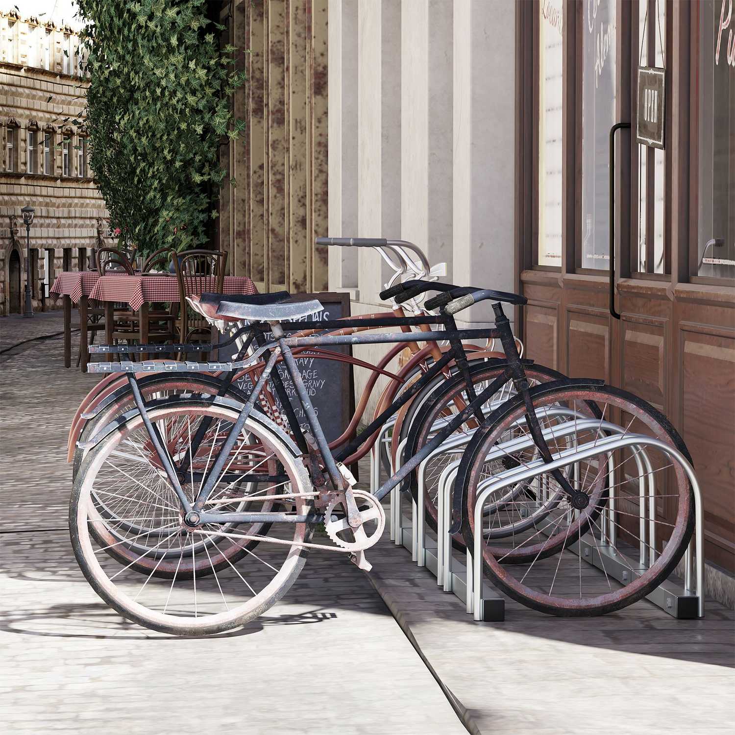 Väderbeständigt cykelställ i stål, golv- och väggfäste, rymmer 5