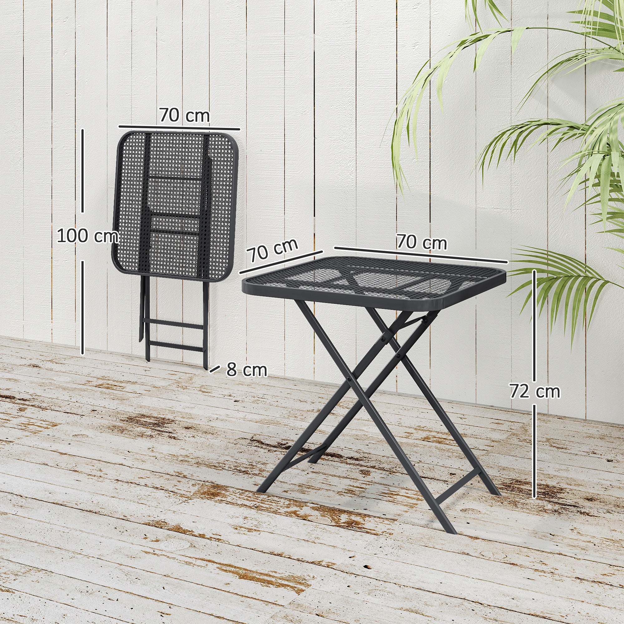 Skládací ocelový stůl odolný vůči povětrnostním vlivům – 70 x 70 cm, černý