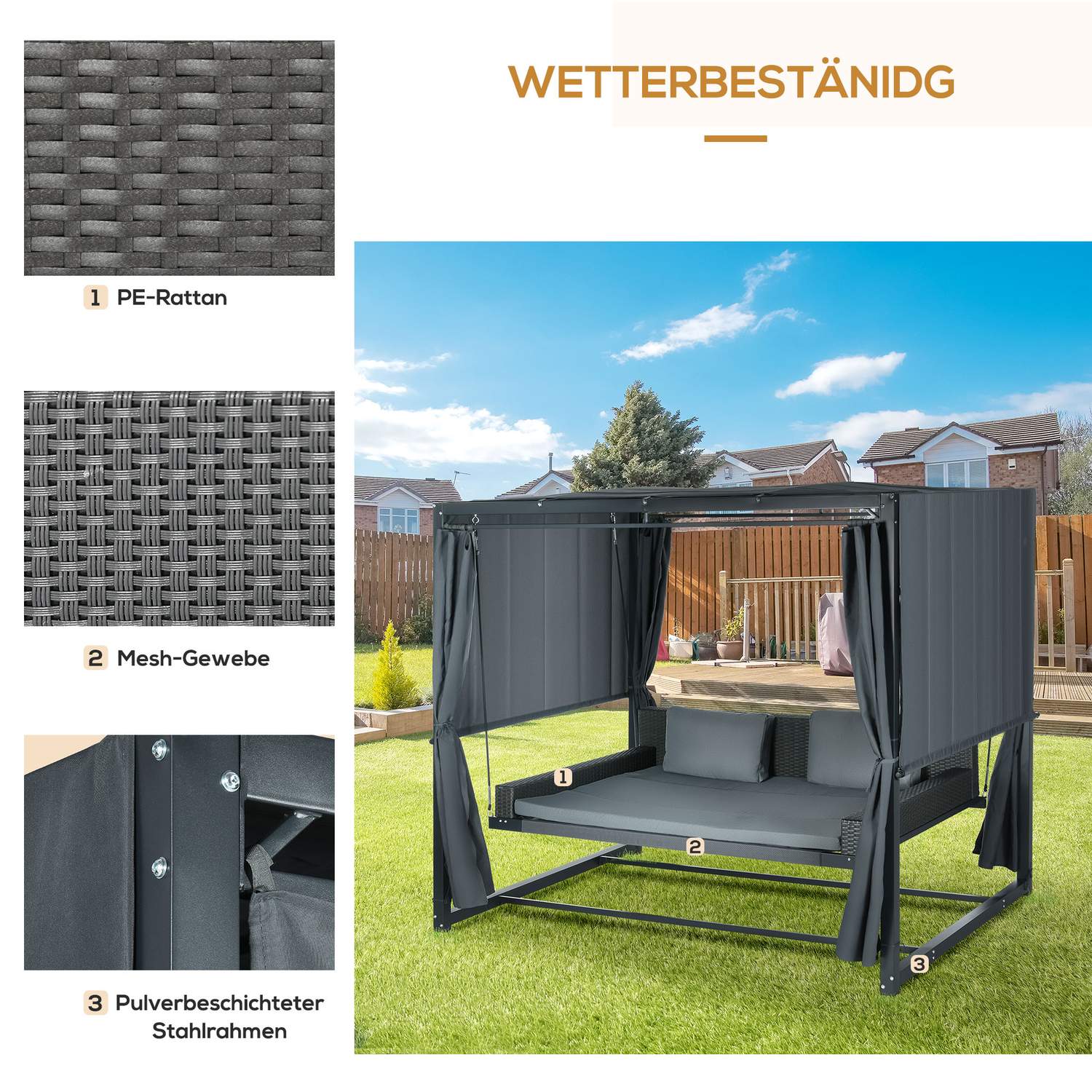 Väderbeständig trädgårdssäng med pergola och kudde