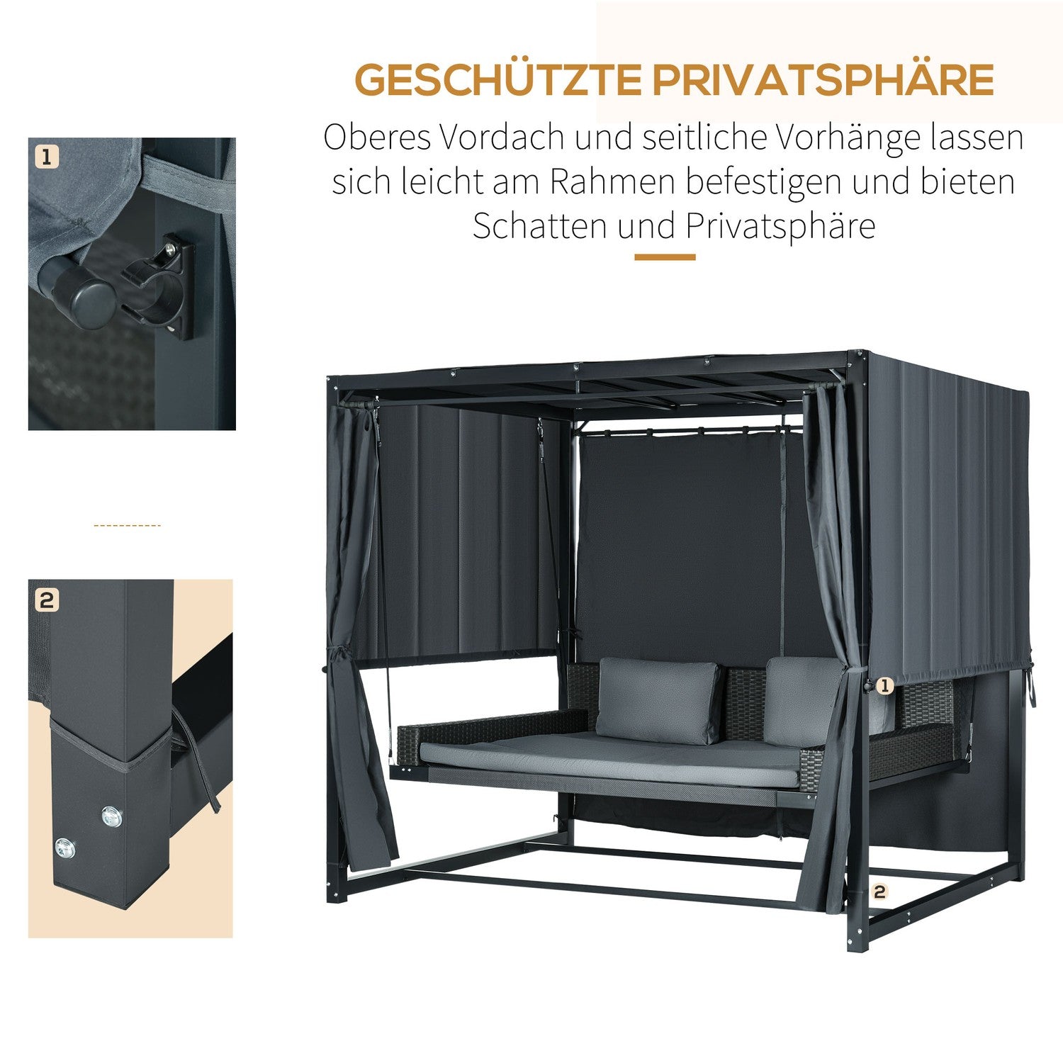 Väderbeständig trädgårdssäng med pergola och kudde