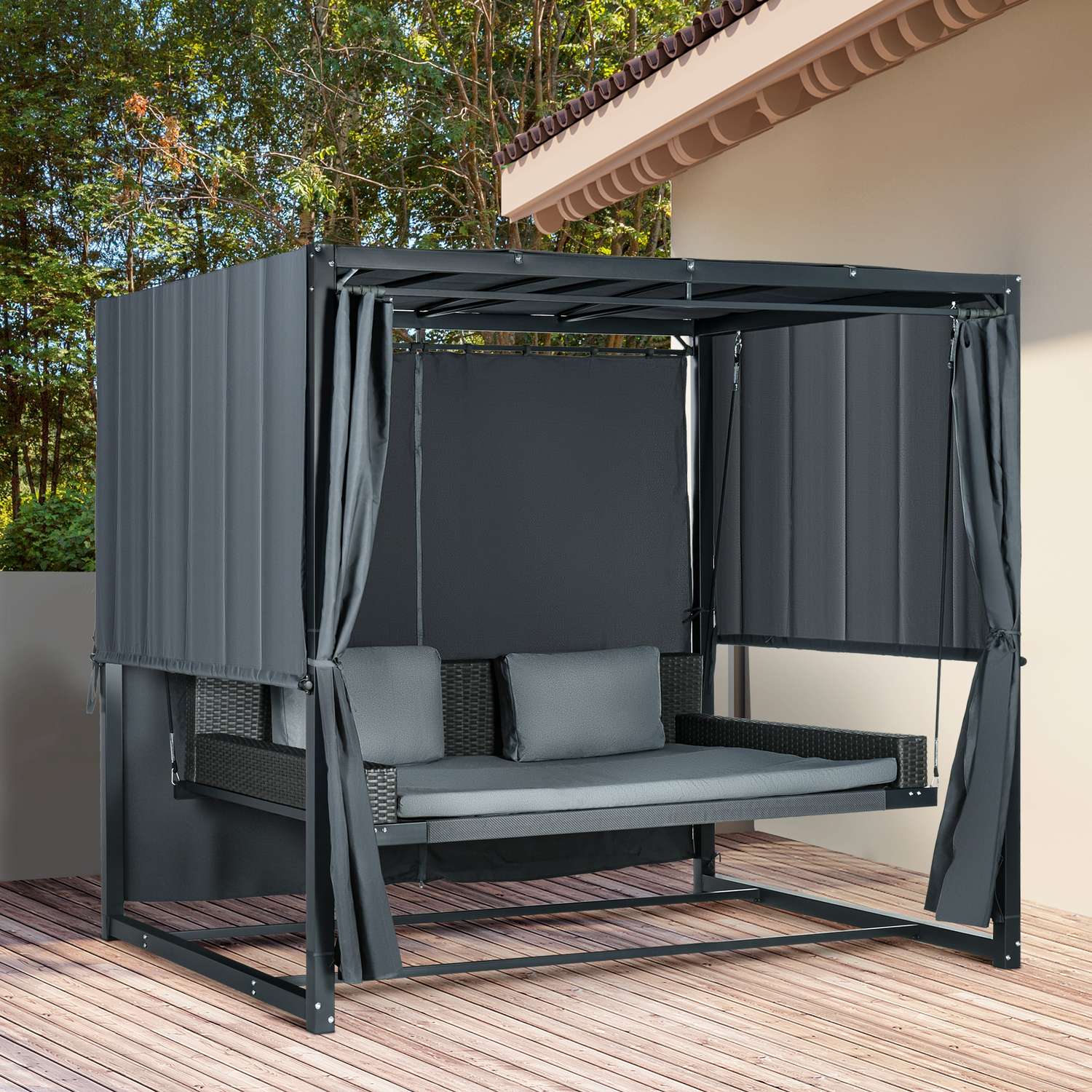 Väderbeständig trädgårdssäng med pergola och kudde