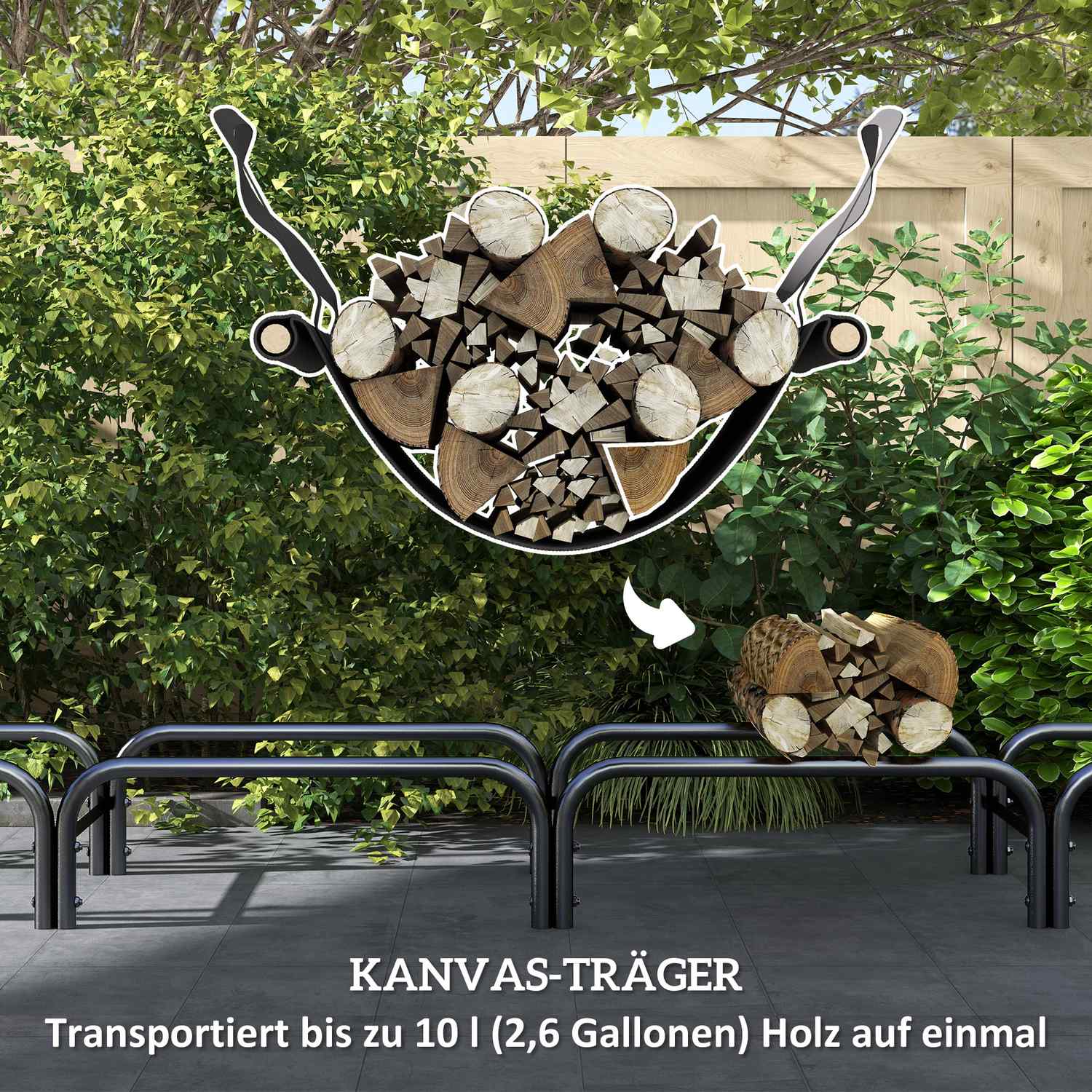 Vedställ, 0,67 m³, med bärväska & lock, metallram, upp till 200 kg, 240 x 36 x 99 cm, svart