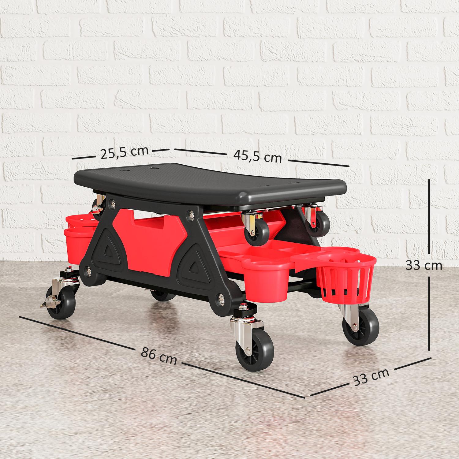 Verkstadspall med avtagbara hjul, sits, förvaringsutrymme, 33 cm hög, rullande pall, lastkapacitet upp till 135 kg, röd
