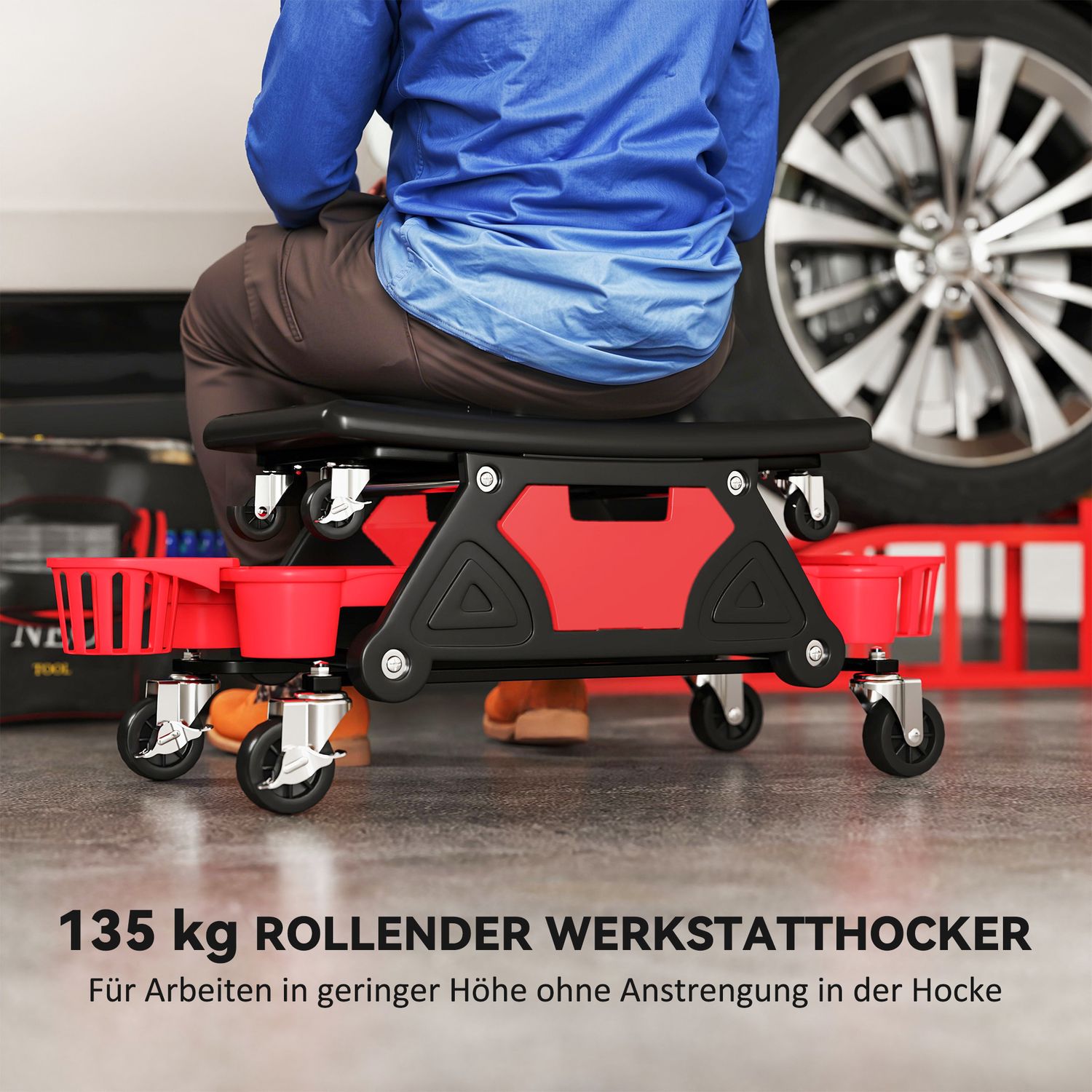 Verkstadspall med avtagbara hjul, sits, förvaringsutrymme, 33 cm hög, rullande pall, lastkapacitet upp till 135 kg, röd