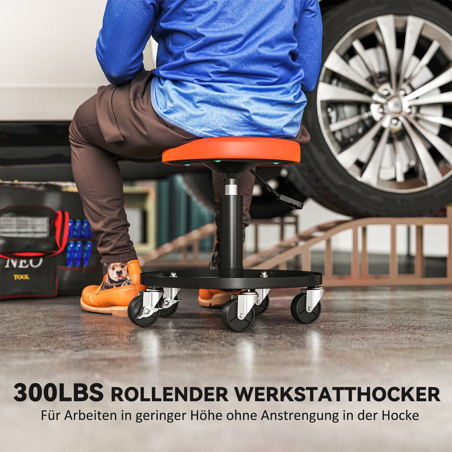 Verkstadspall med hjul, höjdjusterbar från 38-50cm, lastkapacitet upp till 135 kg, Orange