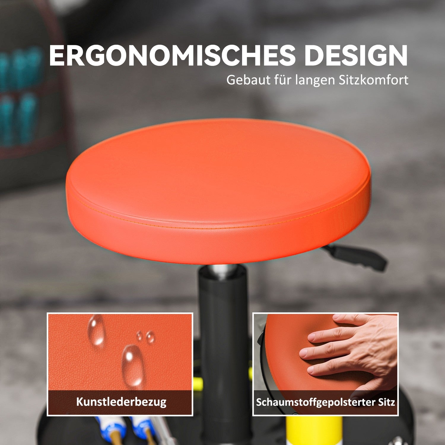 Verkstadspall med hjul, höjdjusterbar från 38-50cm, lastkapacitet upp till 135 kg, Orange