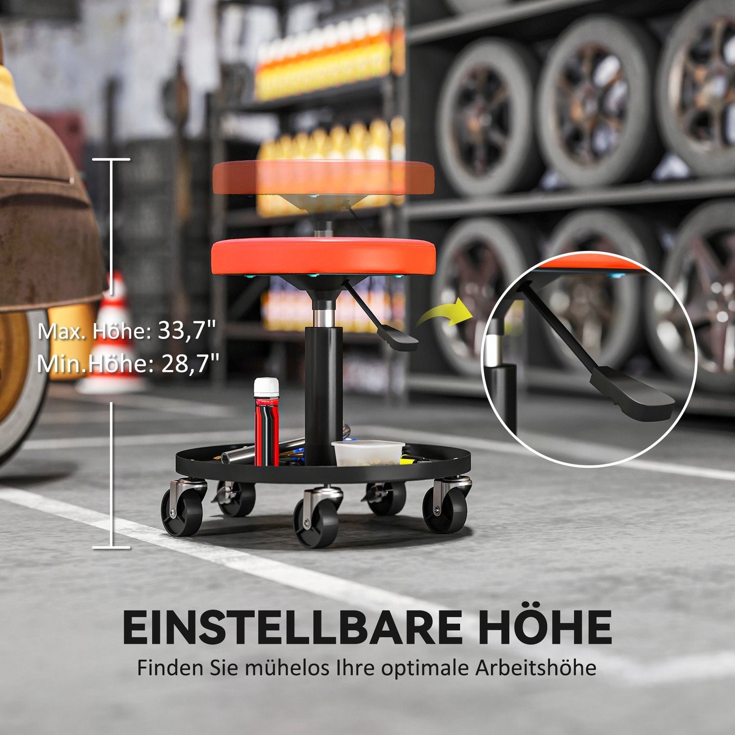Verkstadspall med hjul, höjdjusterbar från 38-50cm, lastkapacitet upp till 135 kg, Orange