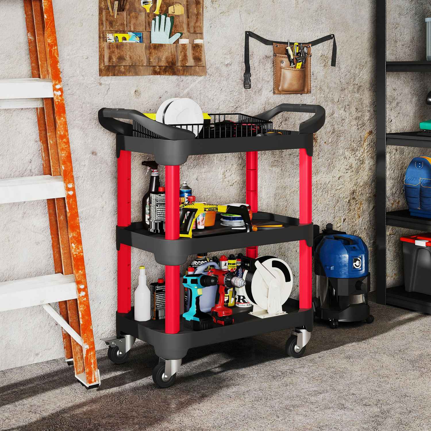 Verktygsvagn med 3 nivåer, sidohandtag, hjul, plast, svart