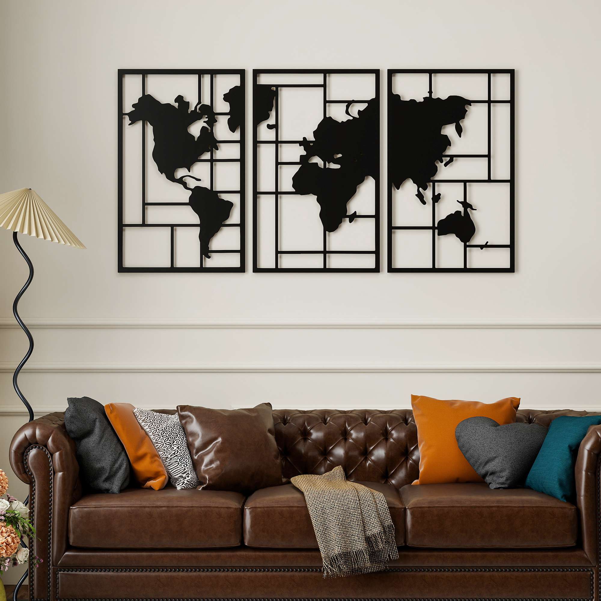 Väggdekorationsset i metall – 3-delad världskarta, 50x80 cm, svart