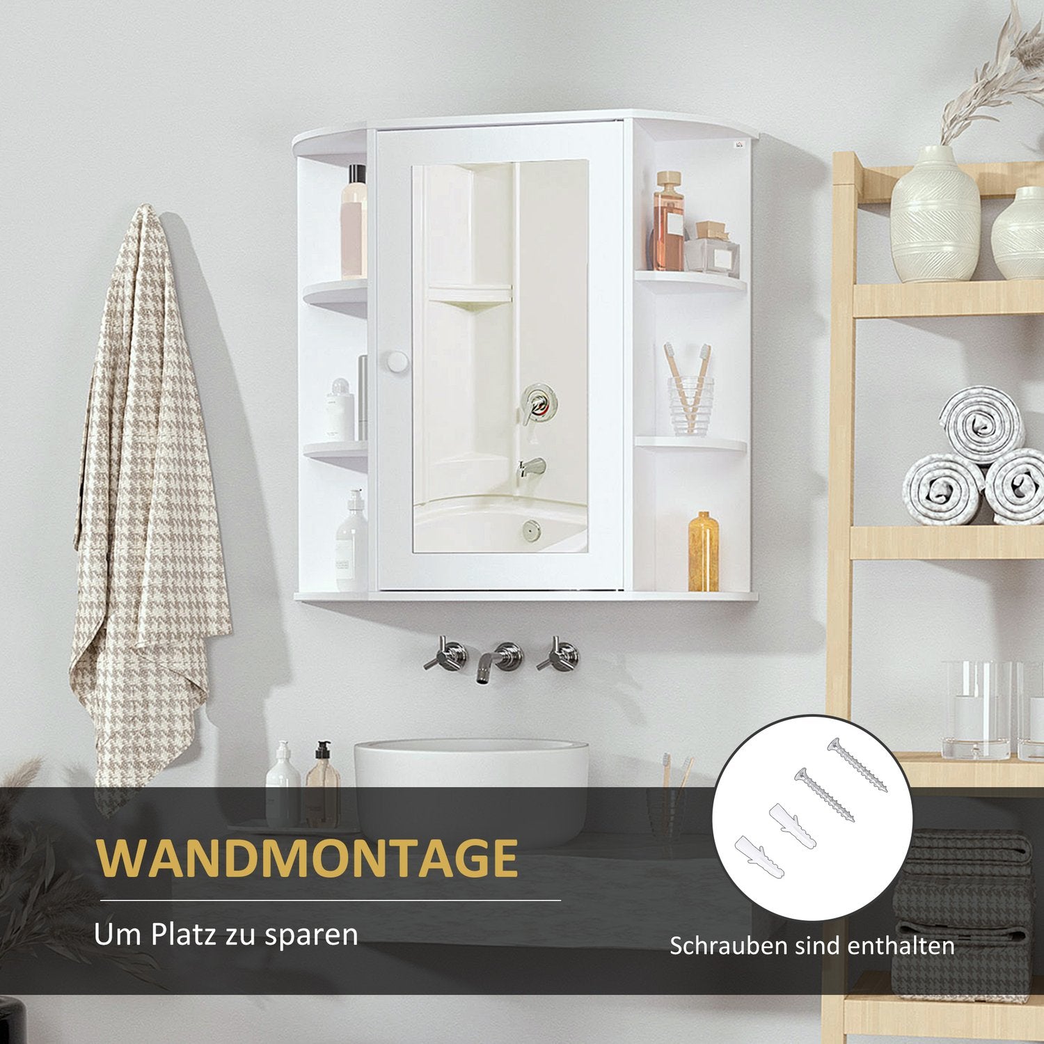 Nástěnná koupelnová skříňka se zrcadlem, 8 přihrádek, bílá