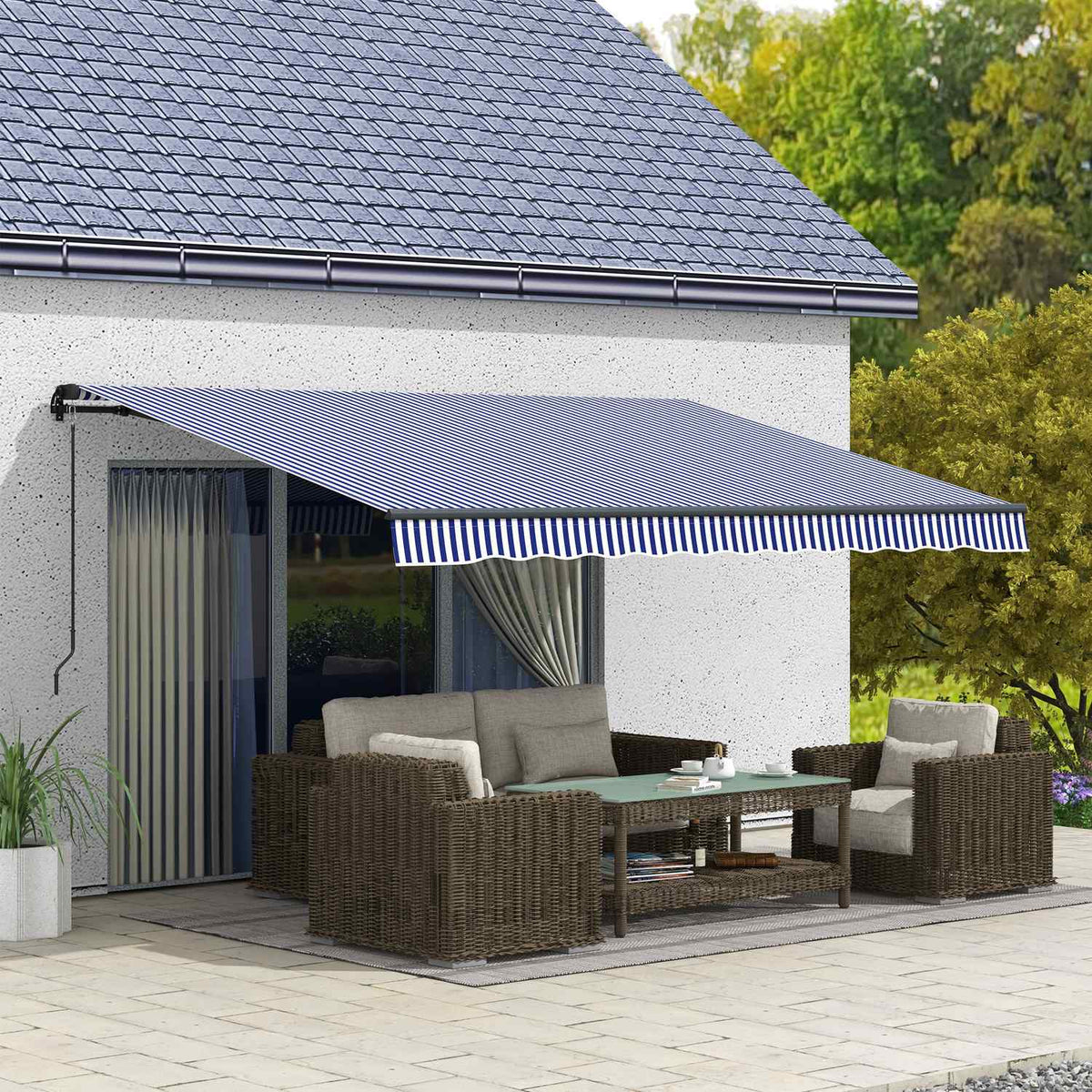 Nástěnná balkonová markýza 4x3M, modrobílé pruhy