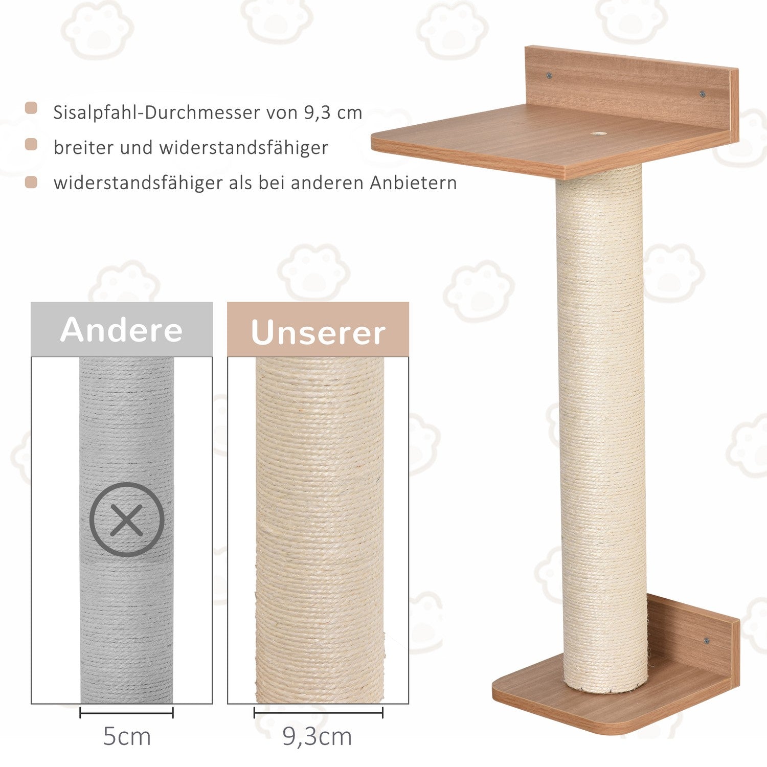 Väggmonterat kattträd med sisal skrapstolpe, naturlig
