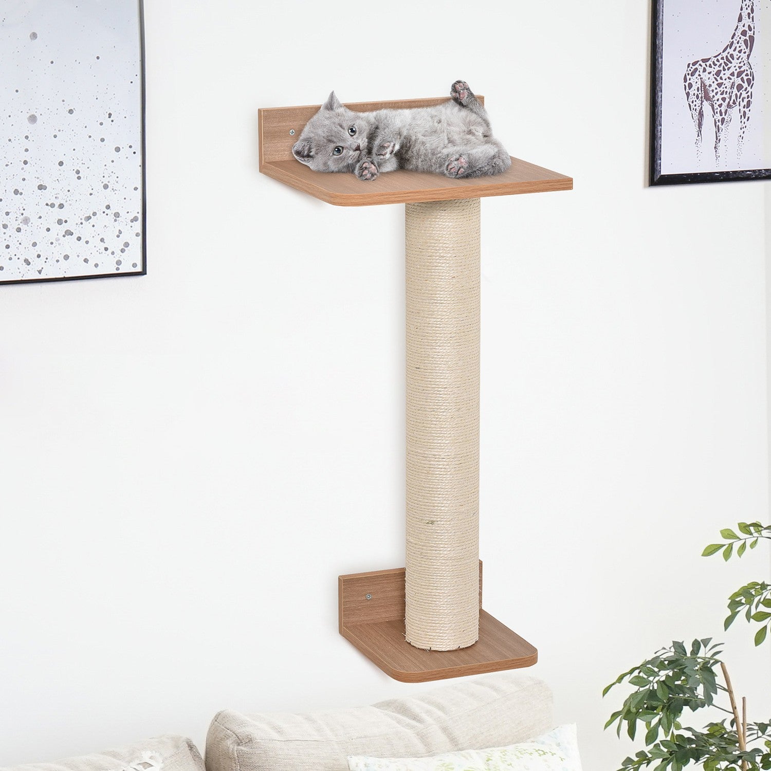 Väggmonterat kattträd med sisal skrapstolpe, naturlig