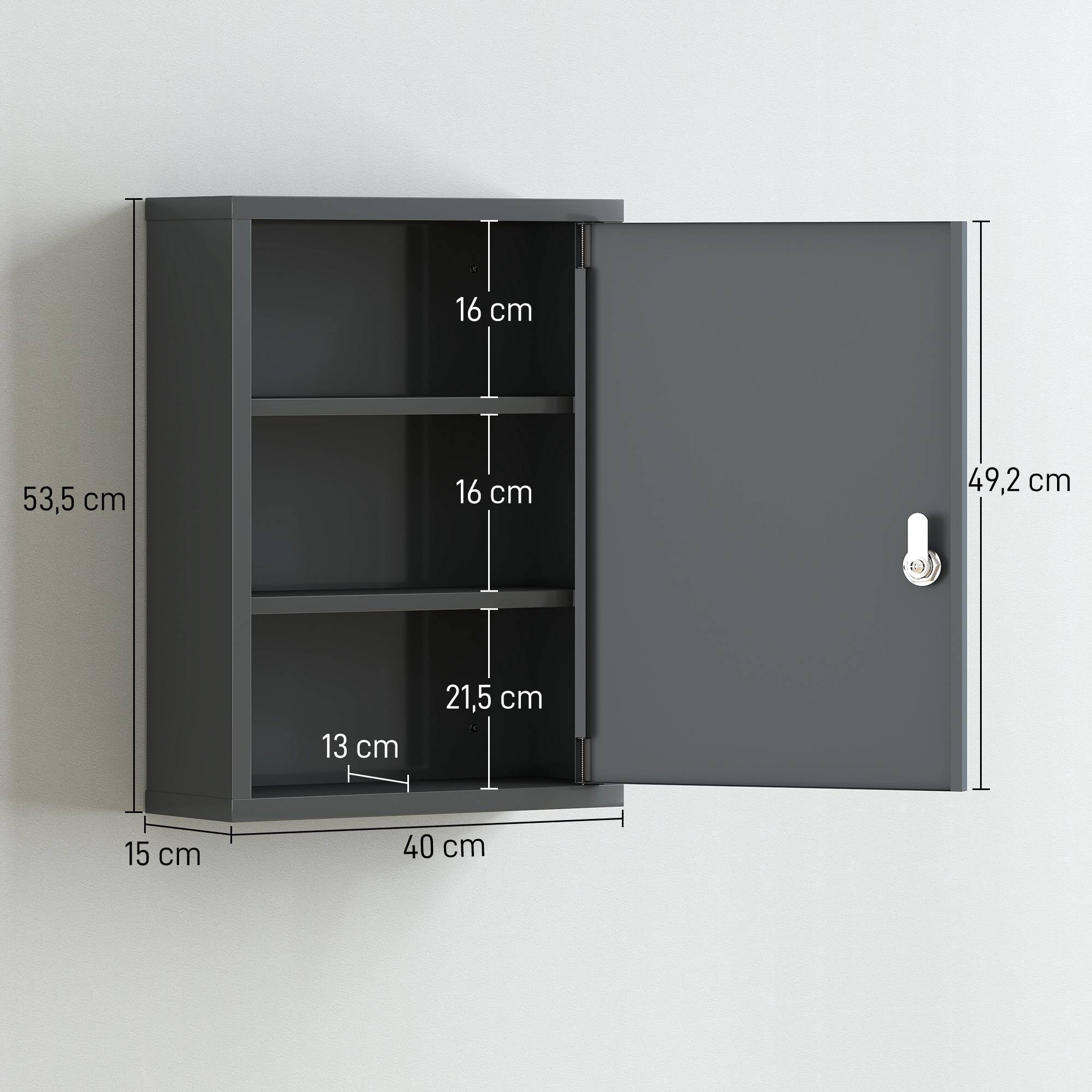 Väggmonterat medicinskåp med lås, 3-våningar stål, 40x15x53,5 cm