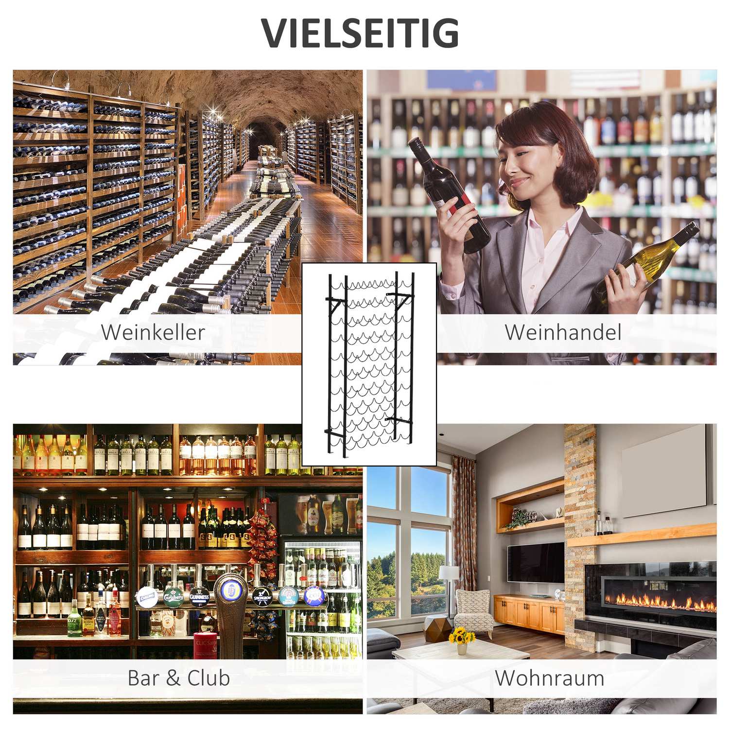 Väggmonterbart vinställ i svart metall för 60 flaskor