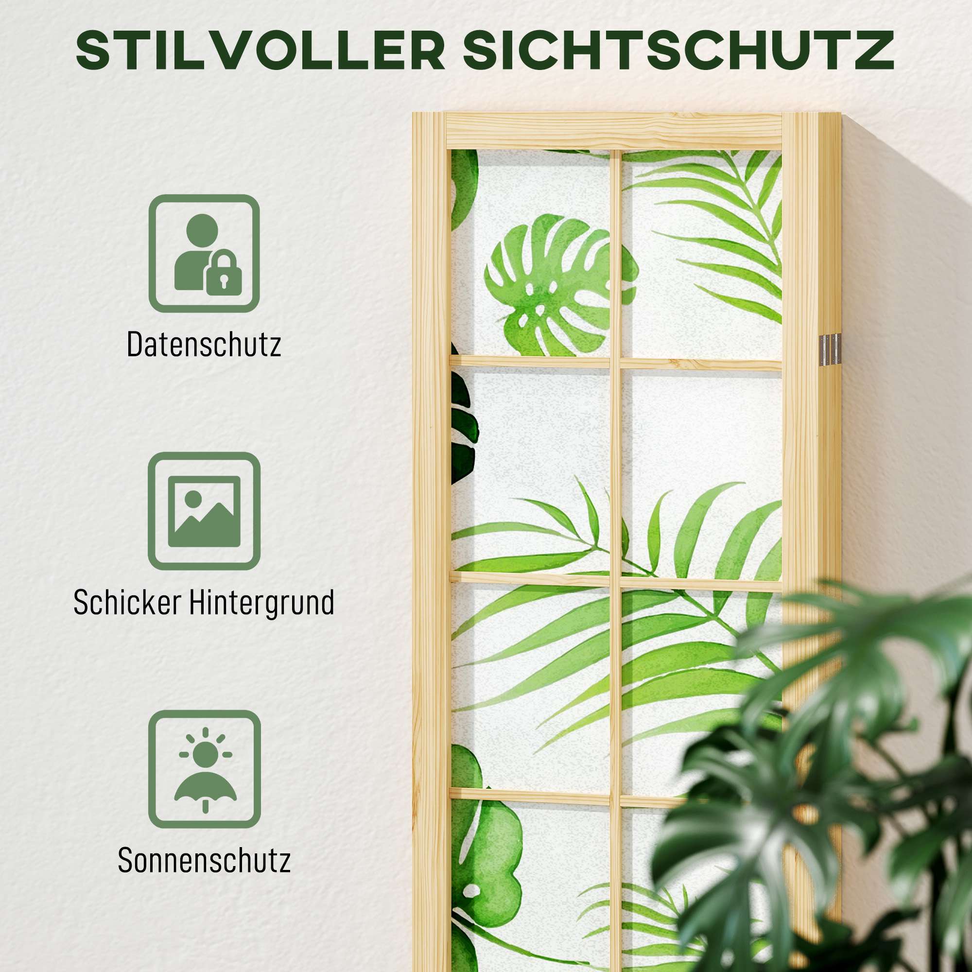 Vikbar rumsavdelare med 4 paneler, bohemisk palmdesign, grön