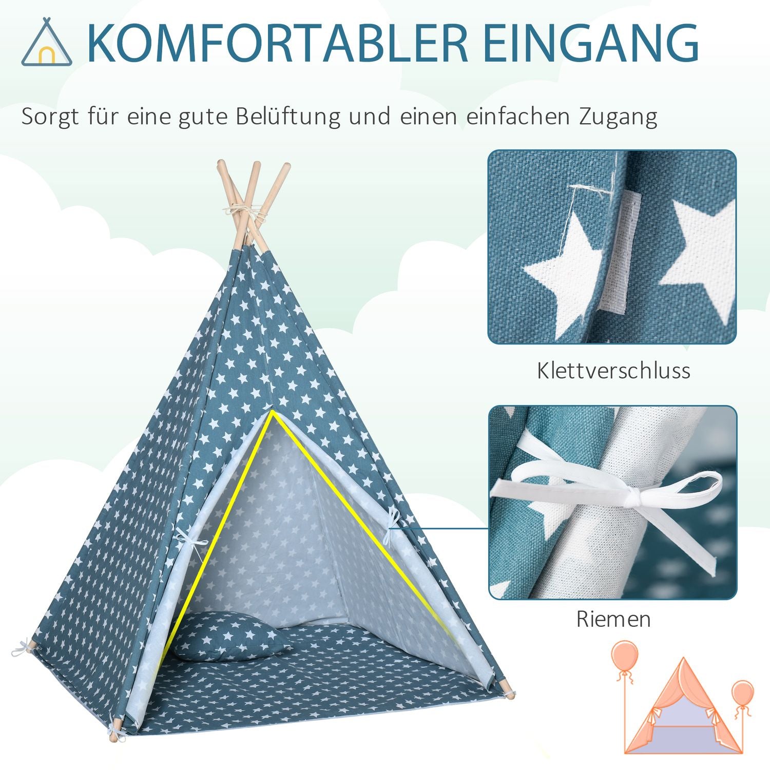Vikbart blå tipitält för barn för lek inomhus/utomhus