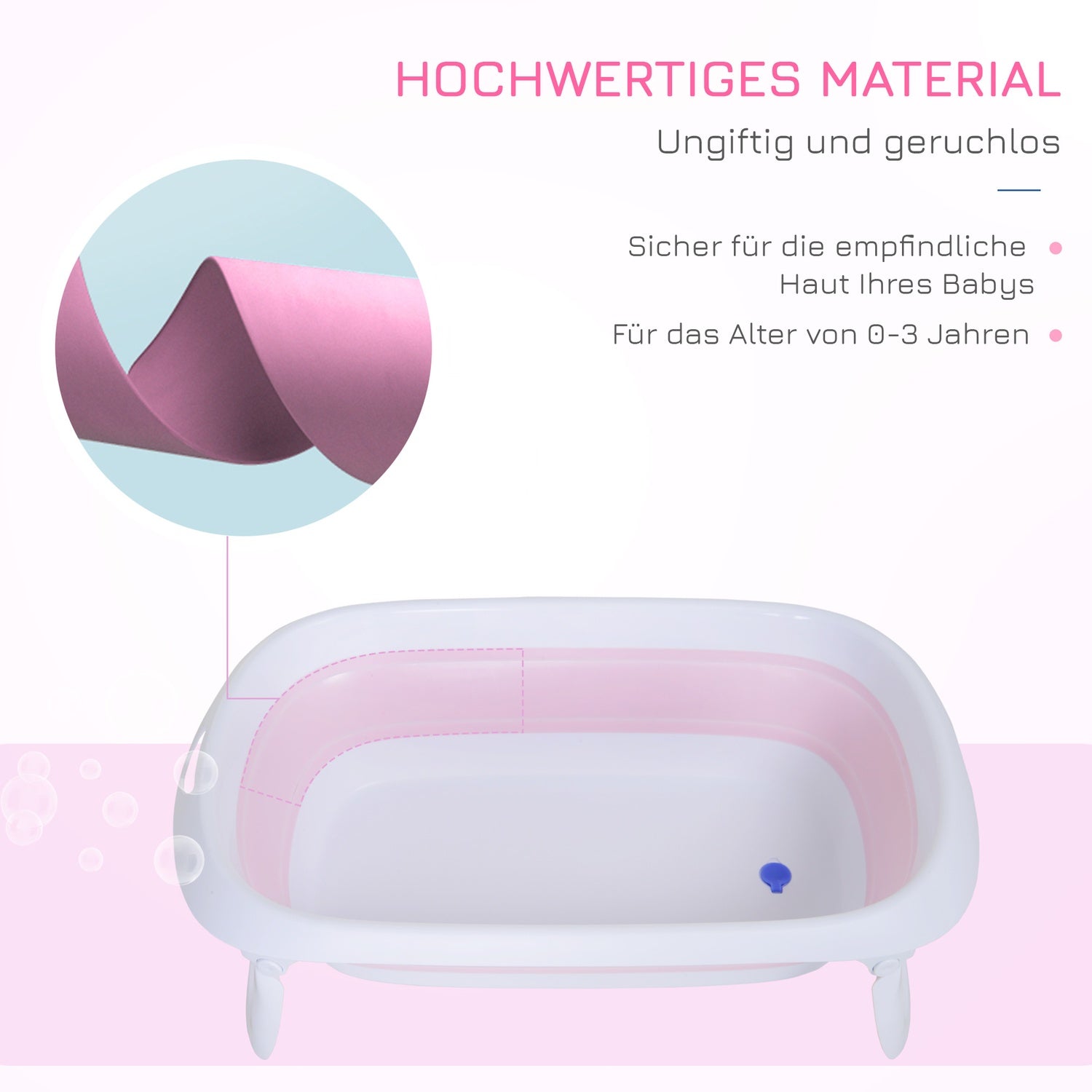 Vikbart rosa babybadkar, ergonomisk halkfri design