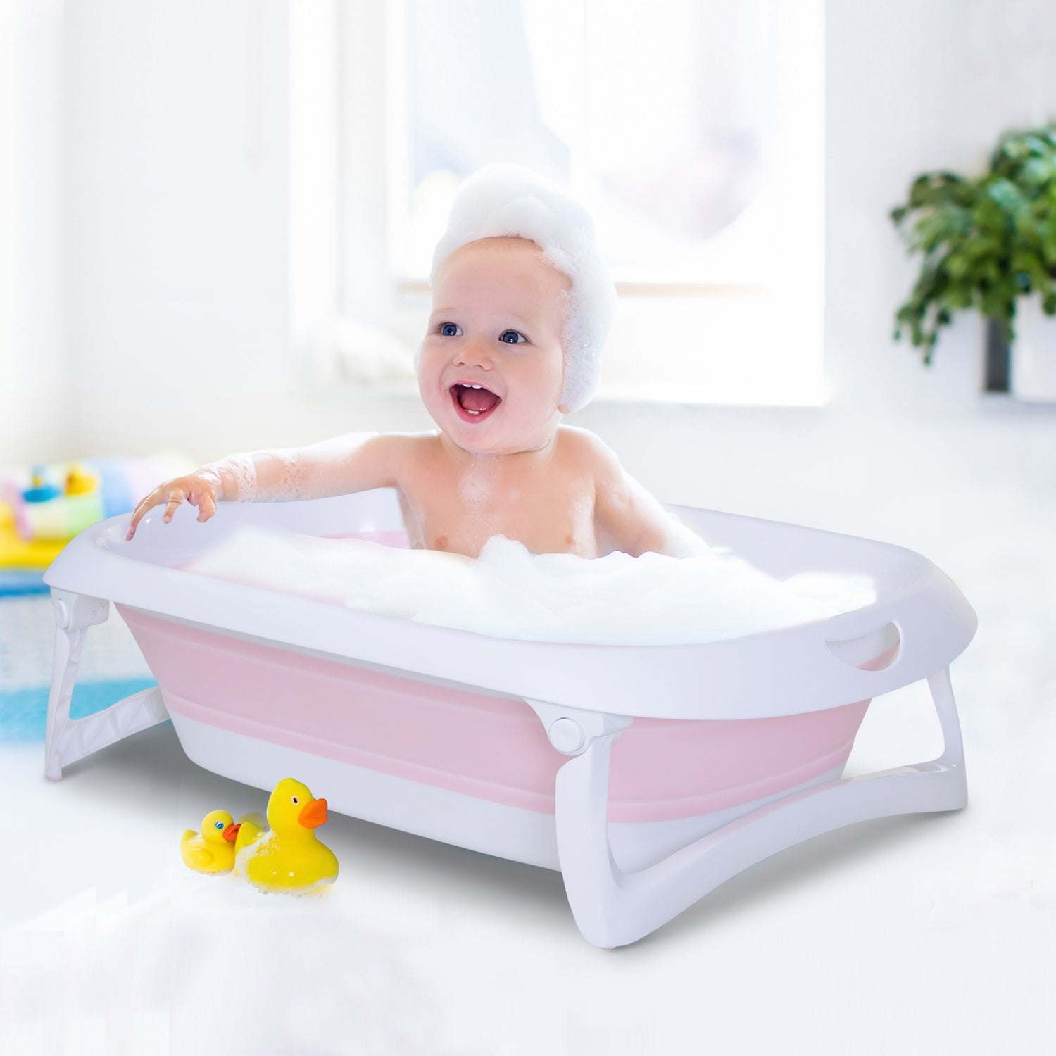 Vikbart rosa babybadkar, ergonomisk halkfri design
