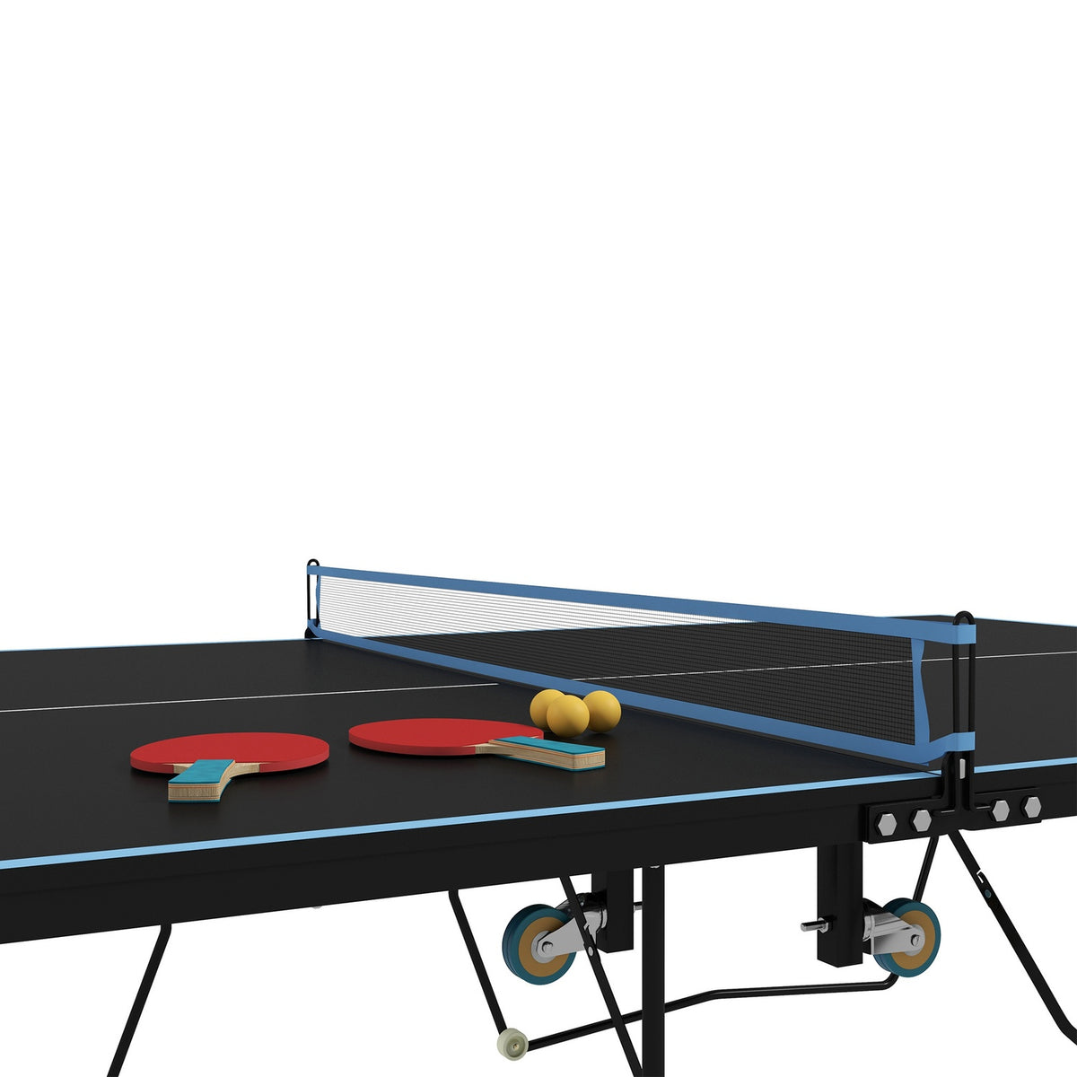 Skládací venkovní stůl na stolní tenis, kolečka a síťka v balení