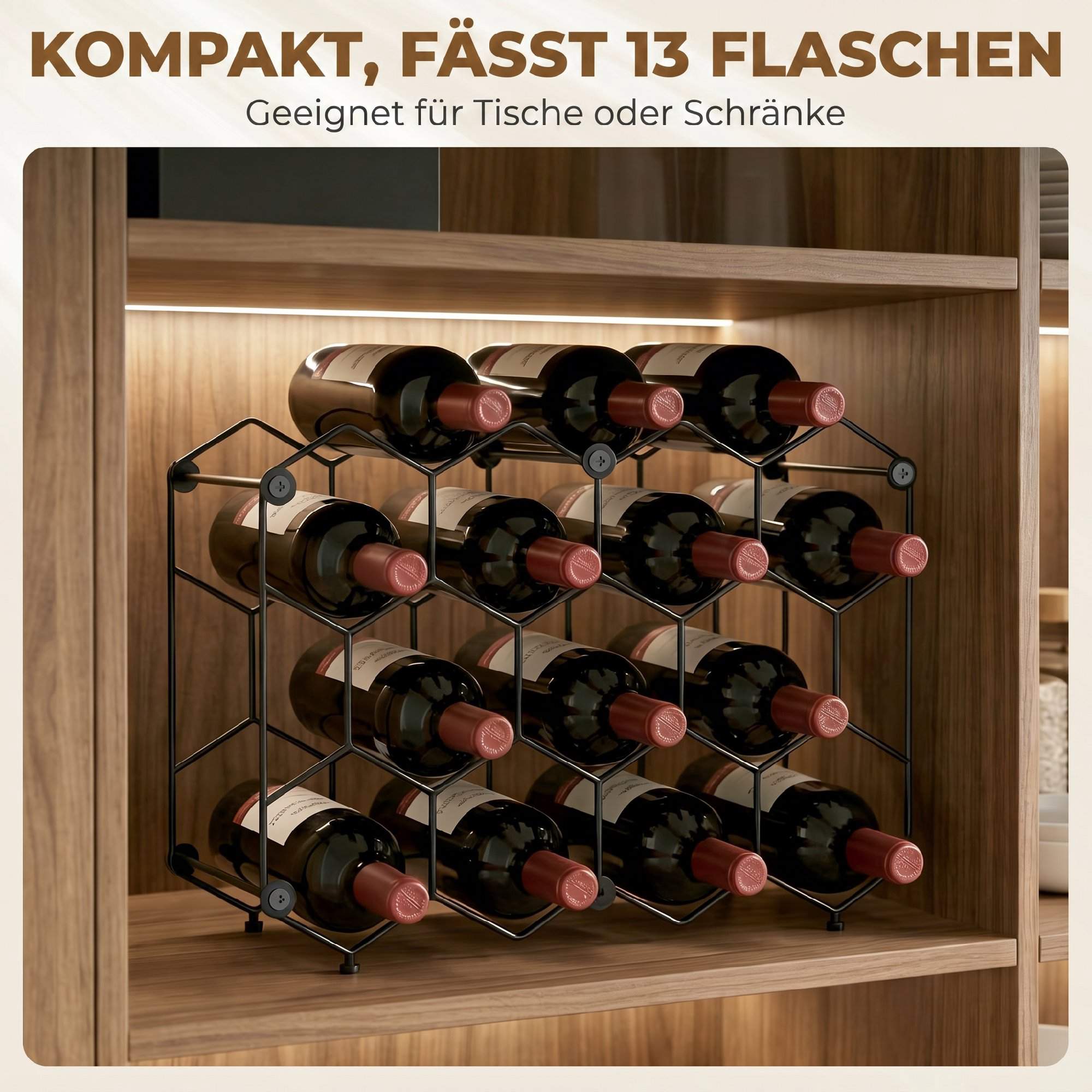 Vinställ för 13 flaskor, metall, justerbara fötter, svart