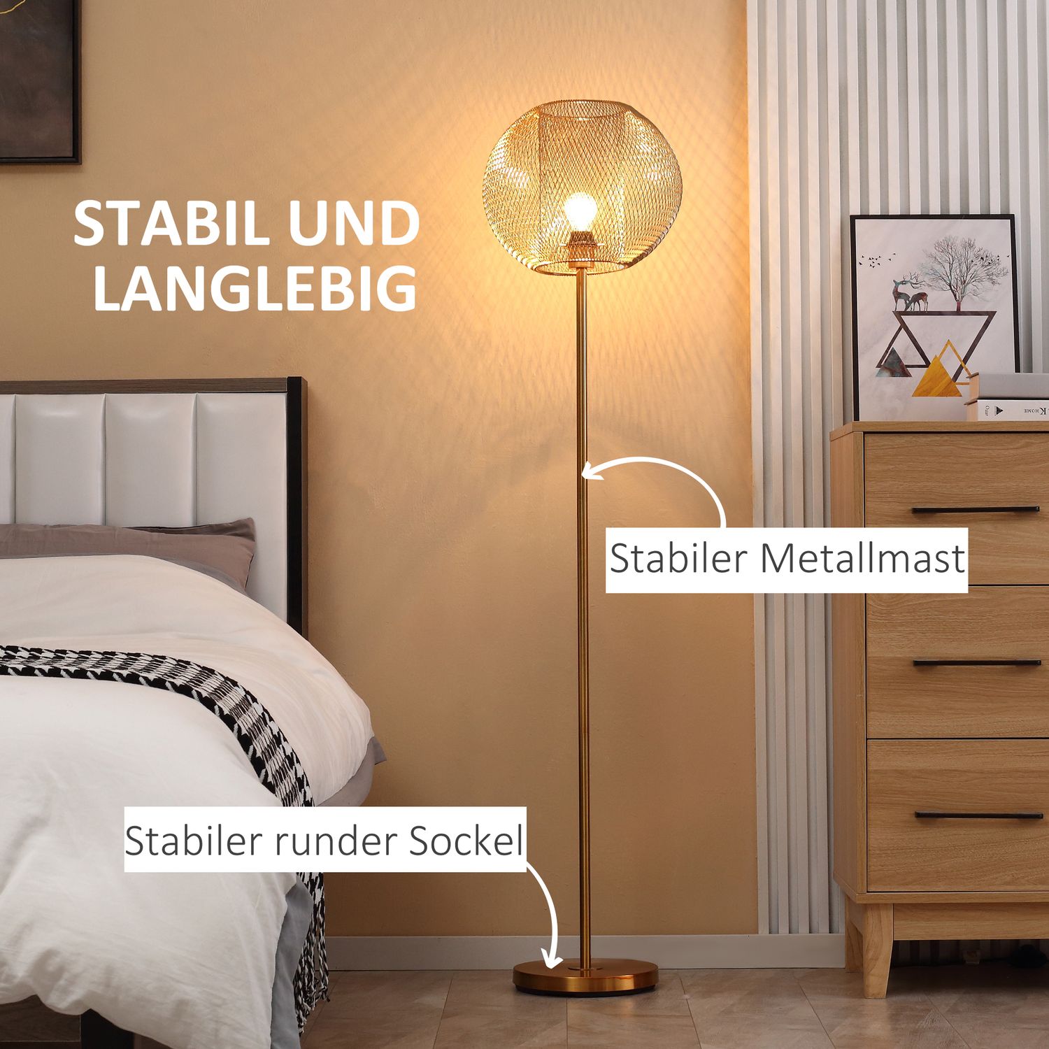 Vintage guldgolvlampa – 40W, E27, metallskärm