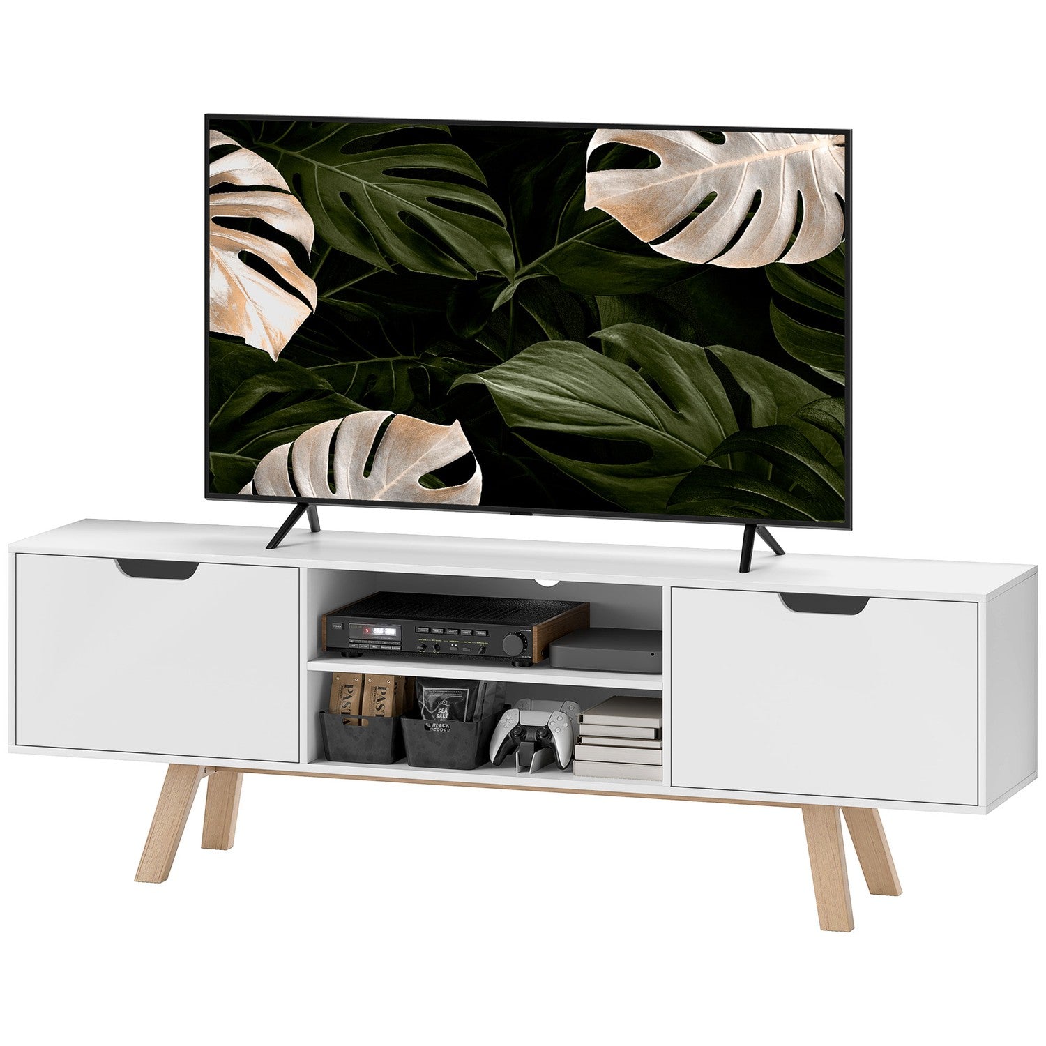 Bílý TV stolek pro televizory do 65"", 2 skříňky a police