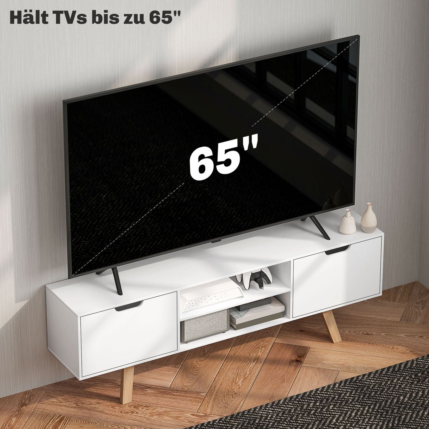 Bílý TV stolek pro televizory do 65"", 2 skříňky a police
