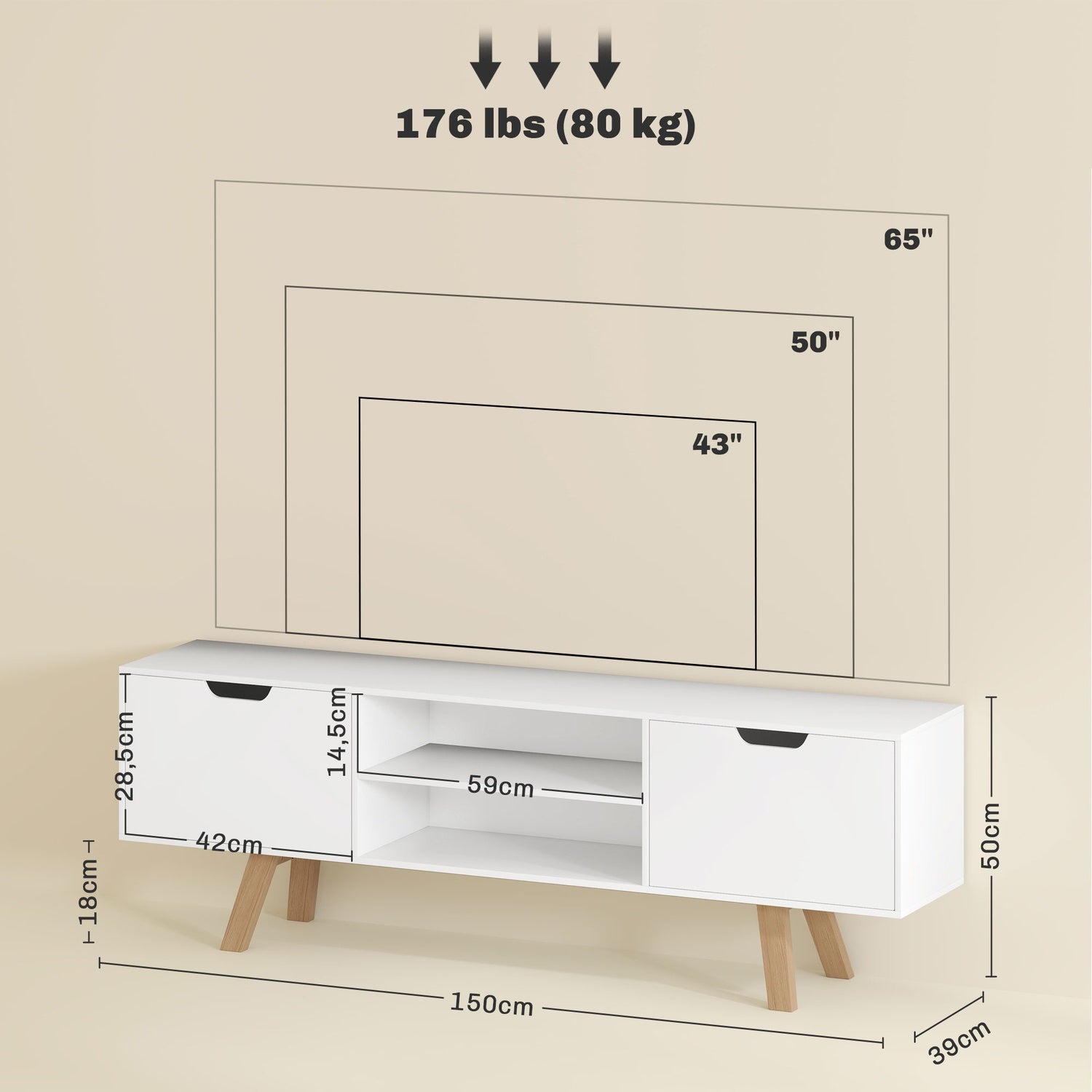 Bílý TV stolek pro televizory do 65"", 2 skříňky a police