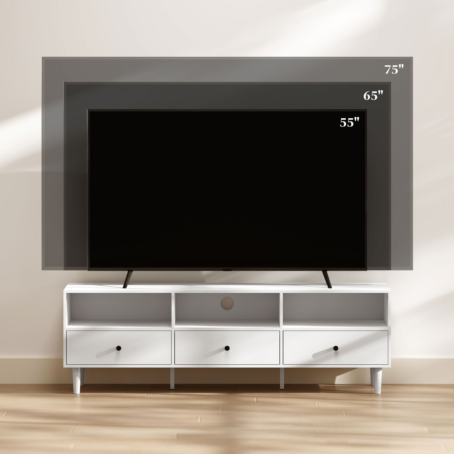 Vit TV-skåp med lådor, Kabelhantering, 140 cm