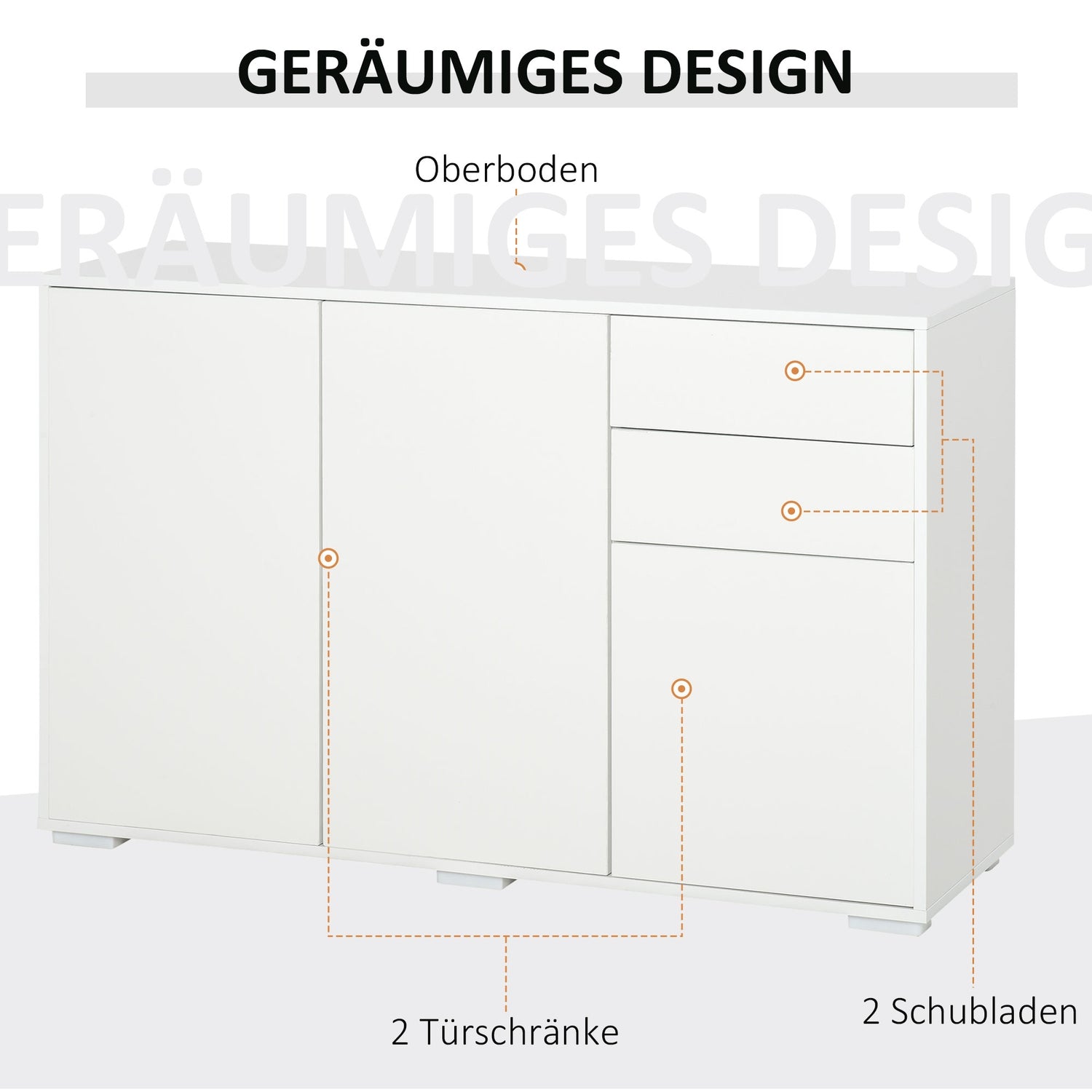 Bílá komoda typu sideboard se 2 zásuvkami a 3 dvířky
