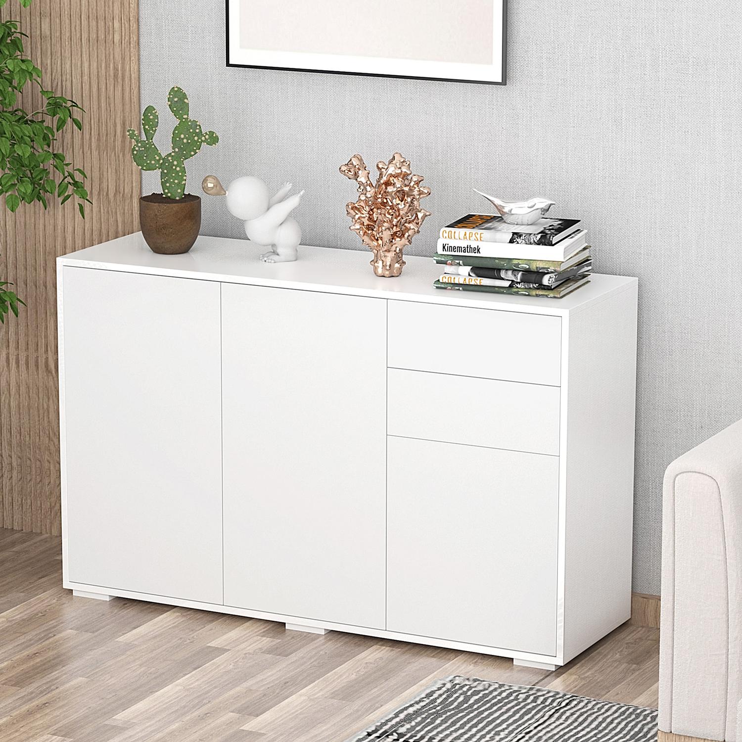 Bílá komoda typu sideboard se 2 zásuvkami a 3 dvířky