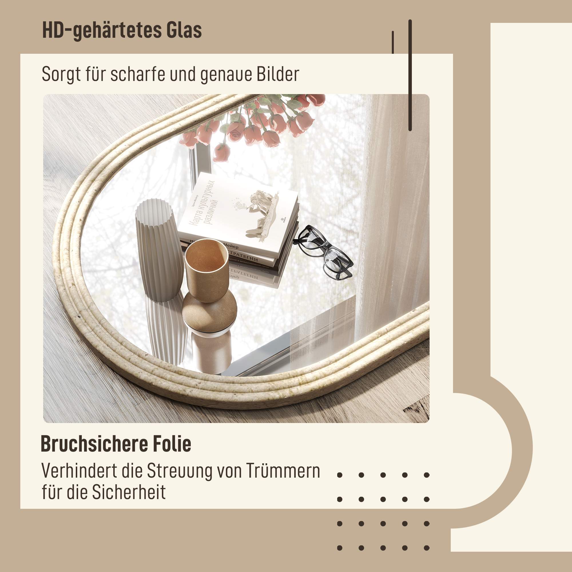 Välvd väggspegel, beige, 50 x 70 cm, polystyrenram