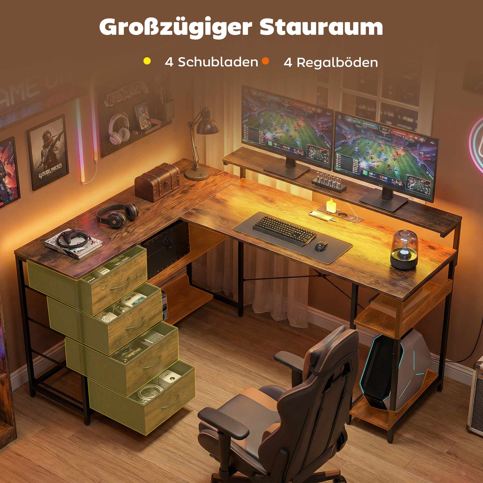 Vändbart L-format spelbord med LED-lampor och förvaring