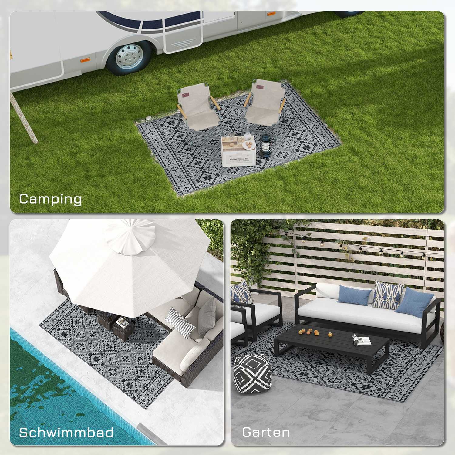 Vändbar utomhusmatta, vattenavvisande, 182x274cm, svart/grå