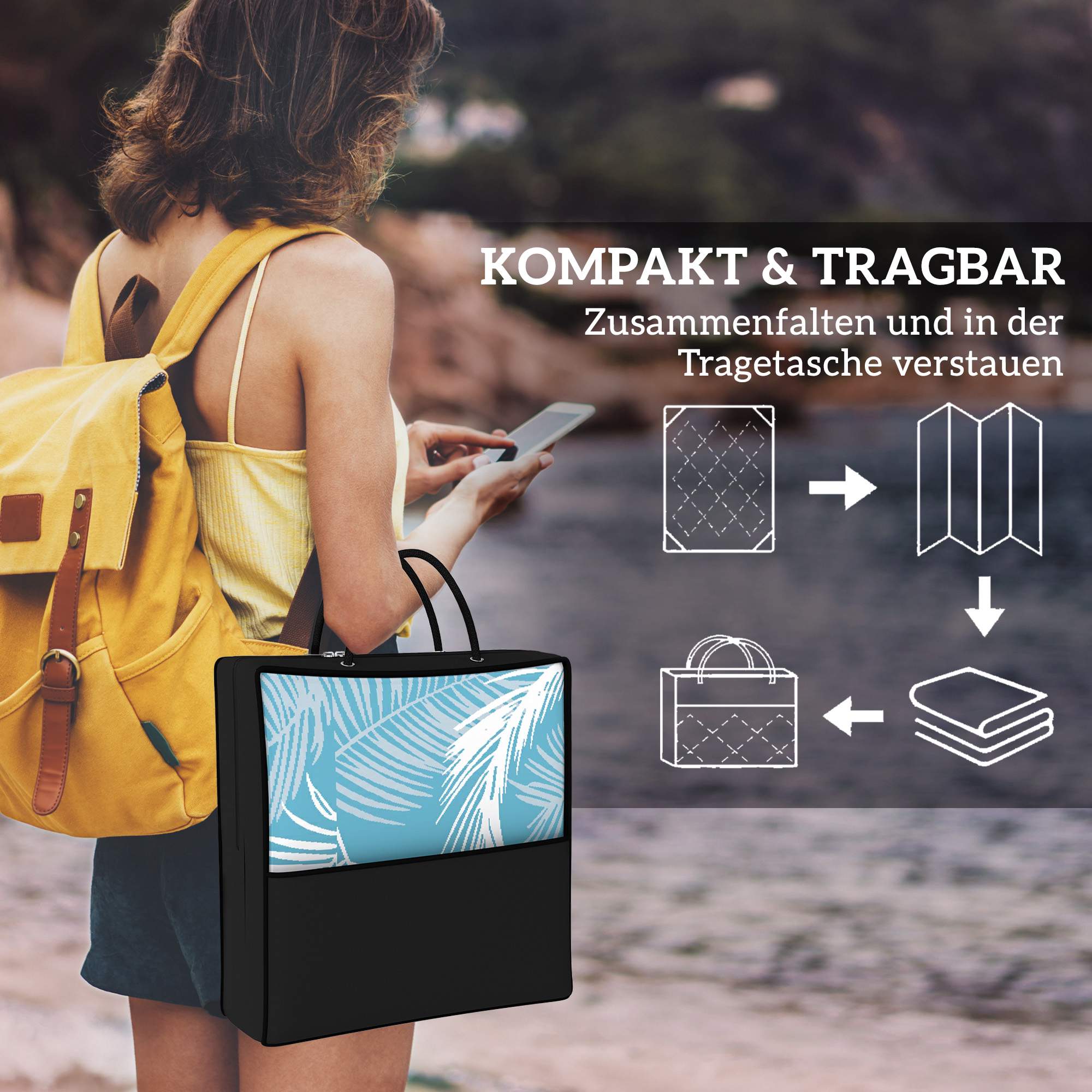 Vändbar utomhusmatta, väderbeständig, 274 x 182 cm, ljusblå/vit