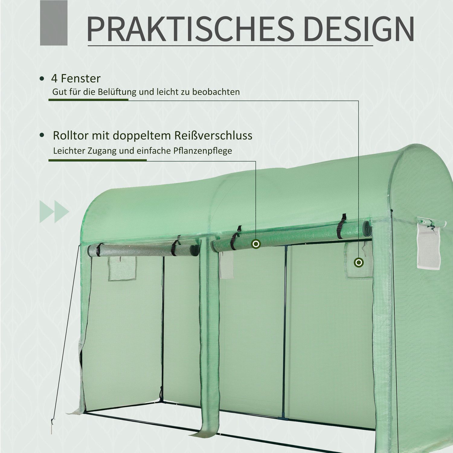 Växthus 300x100x200 cm, PE Plast, Stålstomme, 4 fönster