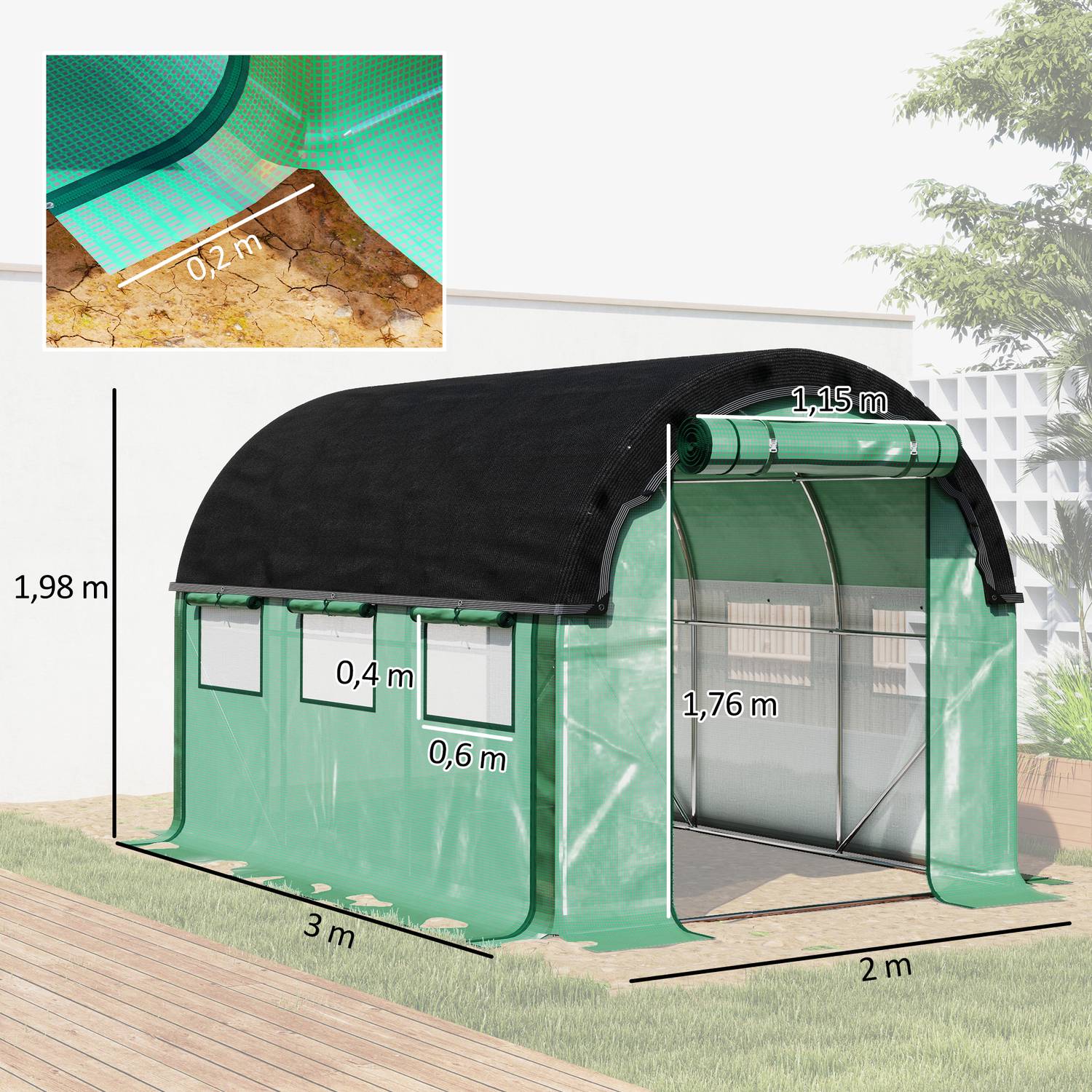 Växthus 3x2x2m med Roll-Up Sidor & UV-skydd