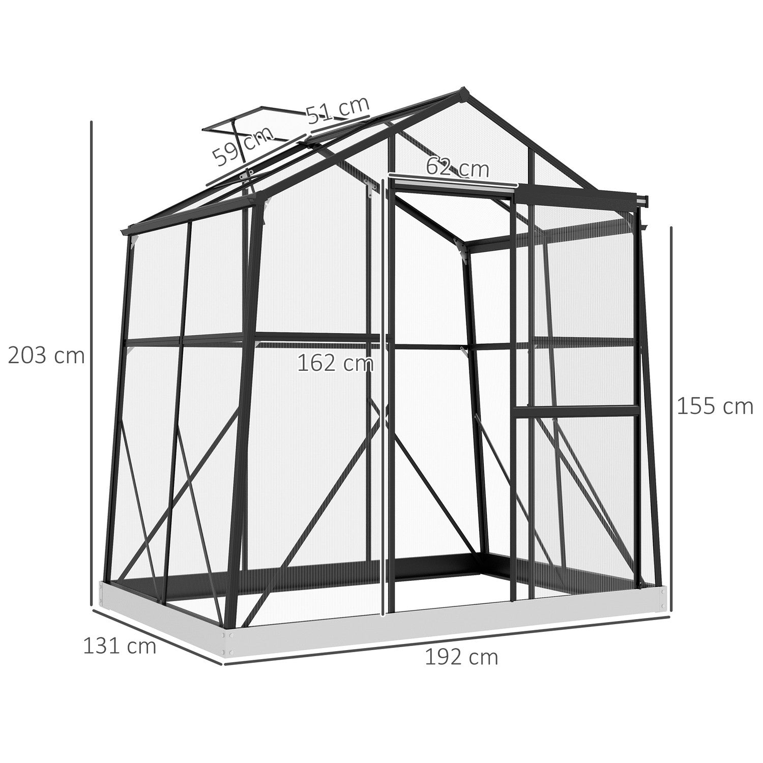 Växthus i aluminium med fönster och skjutdörr, 2,51 m²