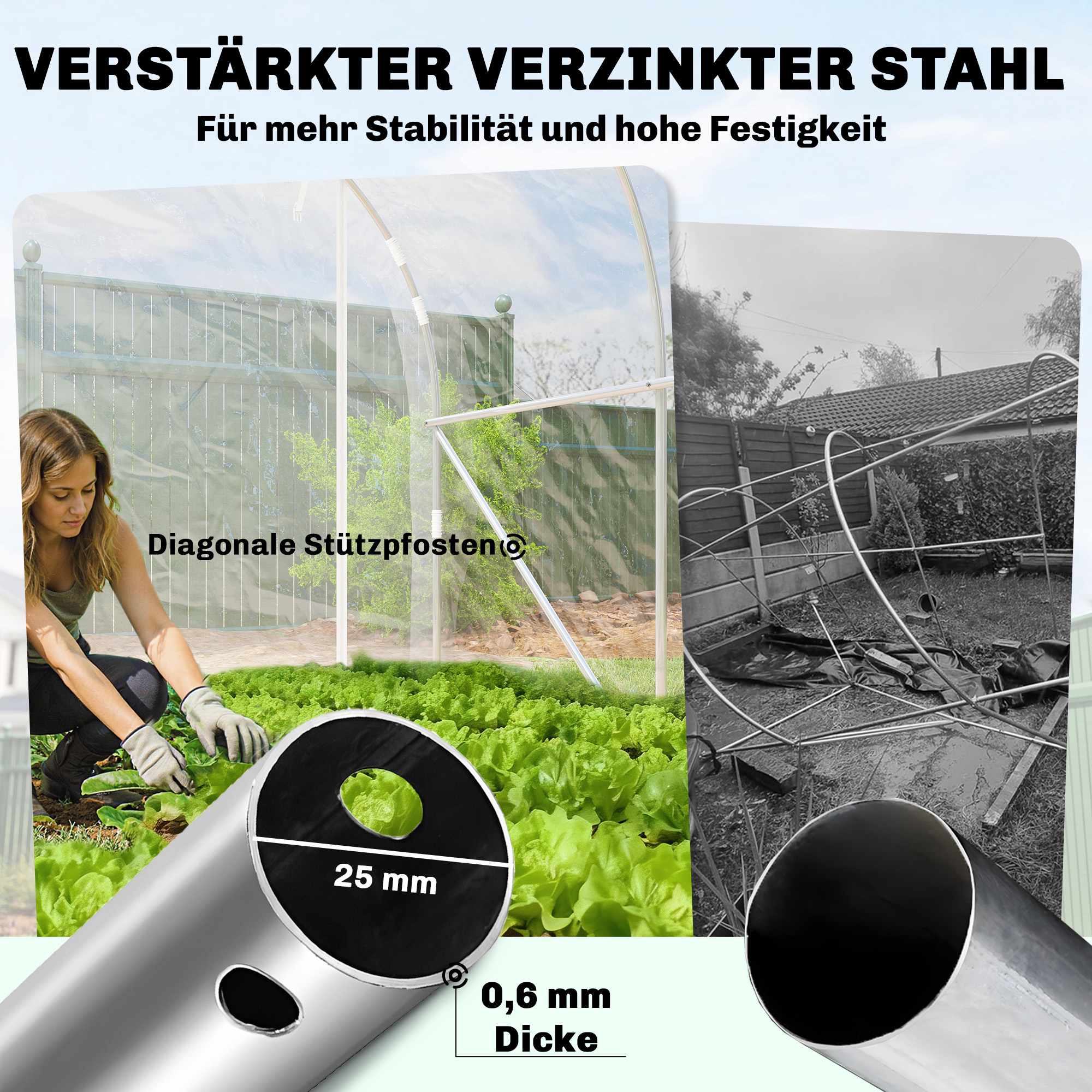 Växthus i polytunnelformat, stålram, UV PE-överdrag