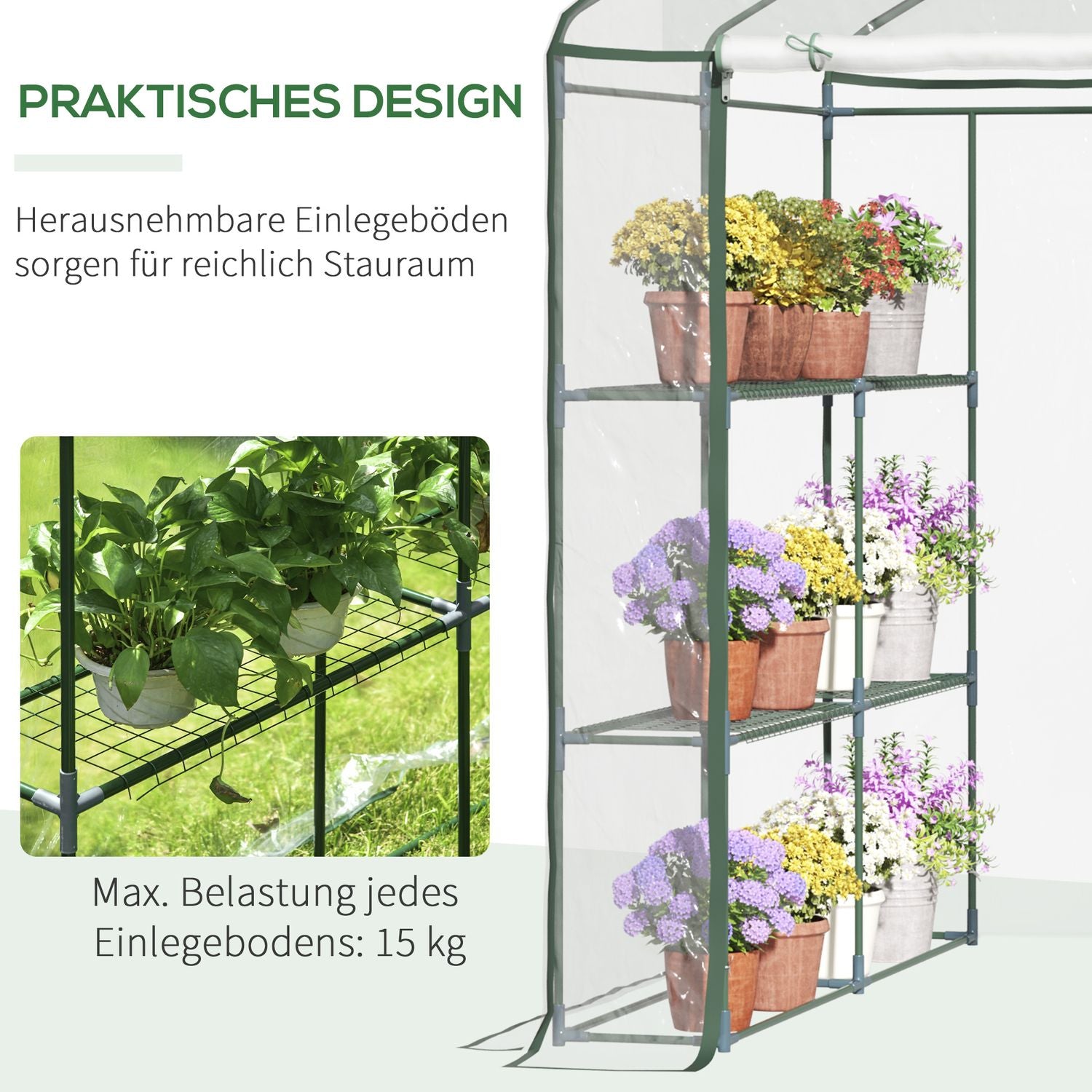 Walk-In växthus med hyllor – Stål PVC-ram