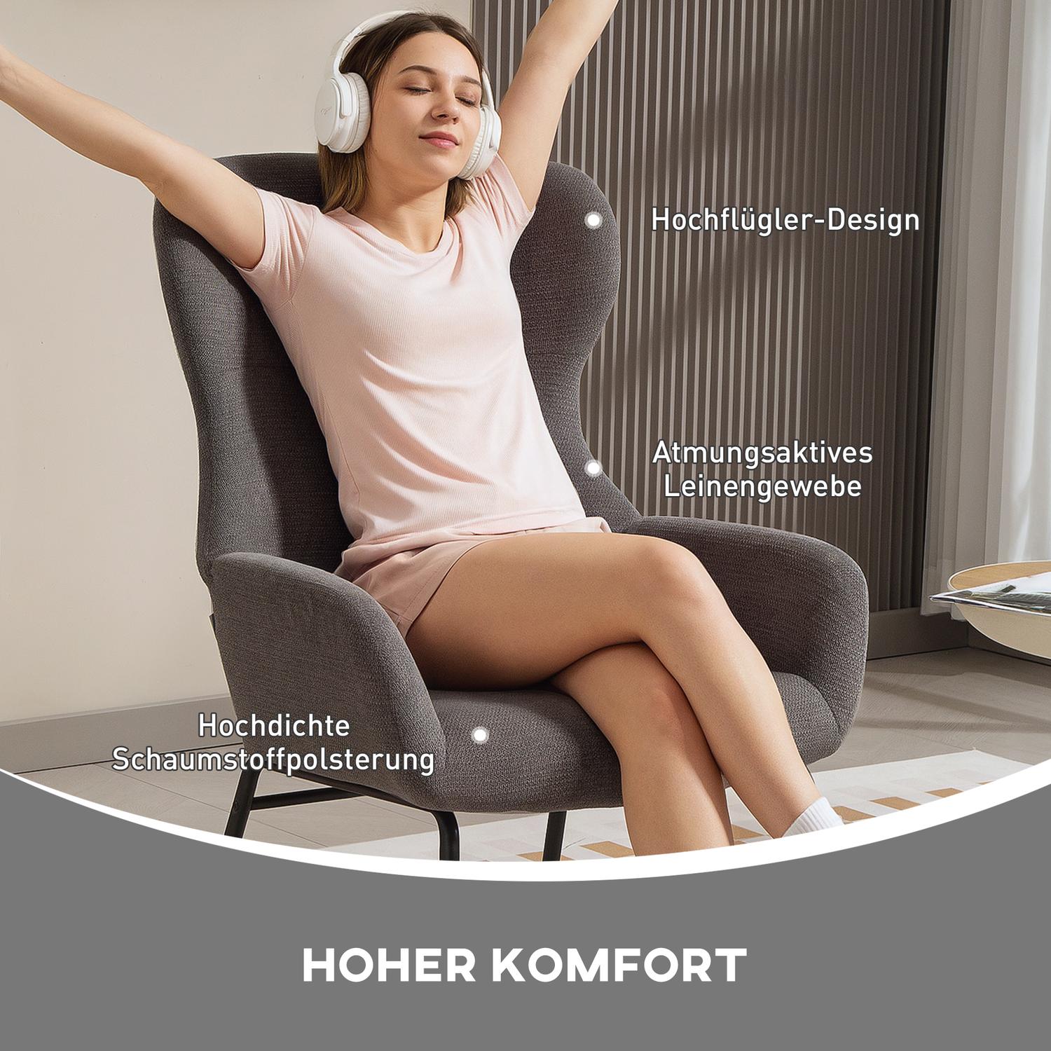 Wingback Accent stol, hög rygg, tjock dyna, grå