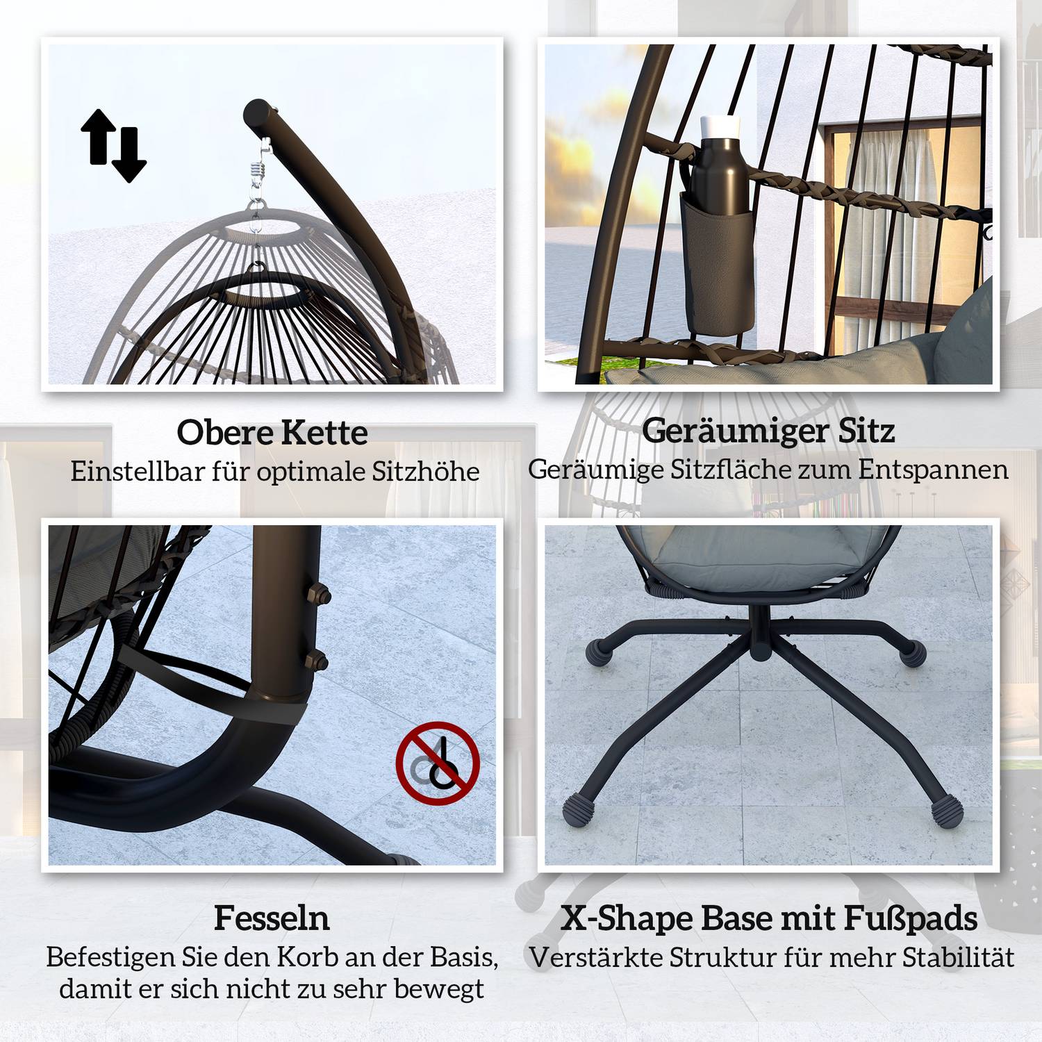 Vejčitá závěsná houpačka s držákem na nápoje, černá